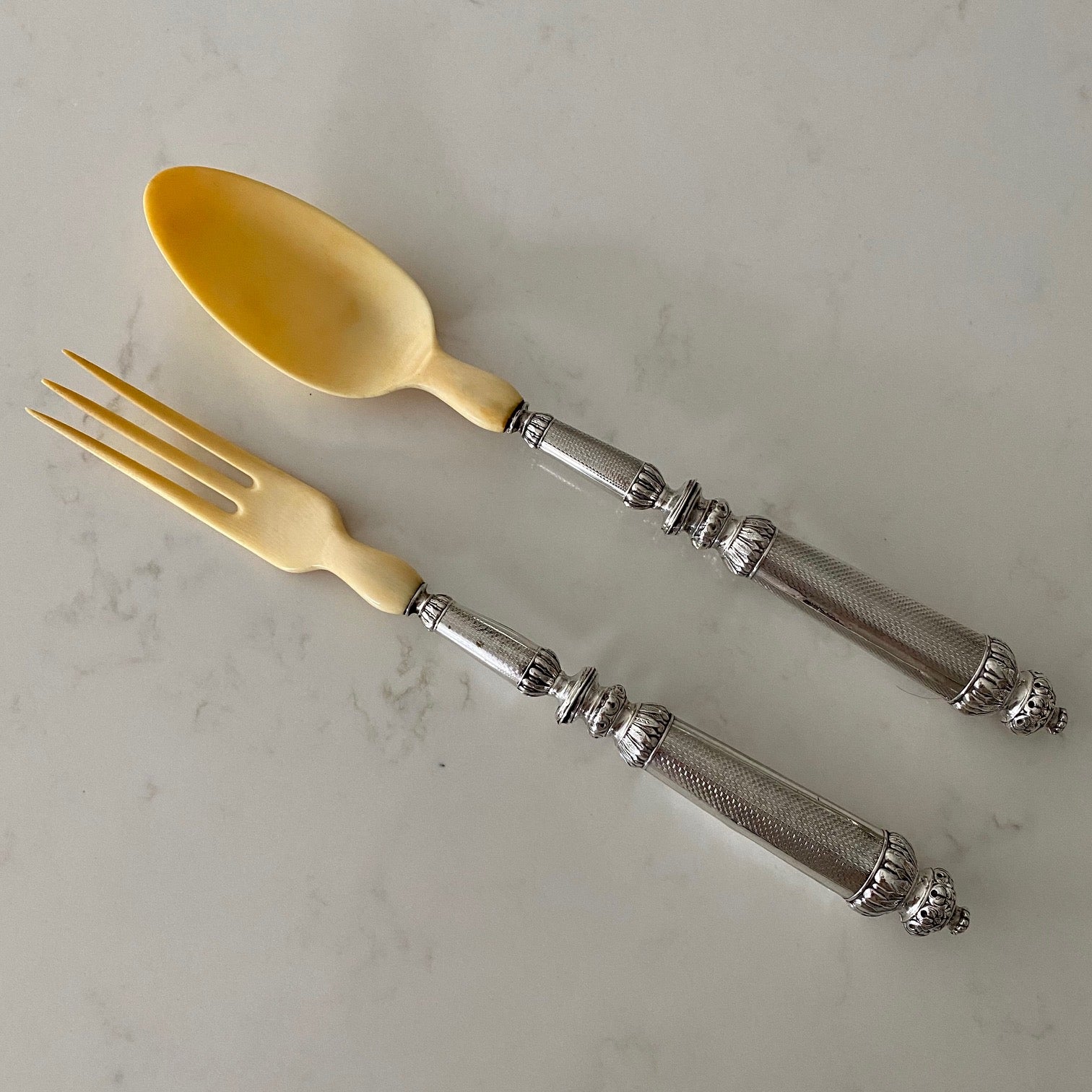 J11 BEAUTIFUL PAIR ANTIQUE FRENCH SILVER & IVORINE SERVERS