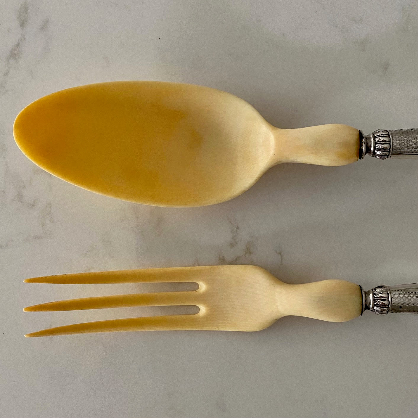 J11 BEAUTIFUL PAIR ANTIQUE FRENCH SILVER & IVORINE SERVERS
