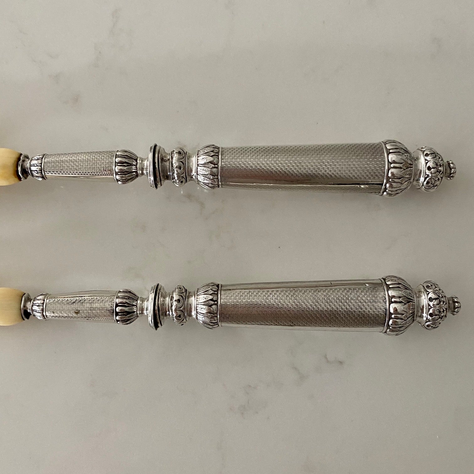 J11 BEAUTIFUL PAIR ANTIQUE FRENCH SILVER & IVORINE SERVERS