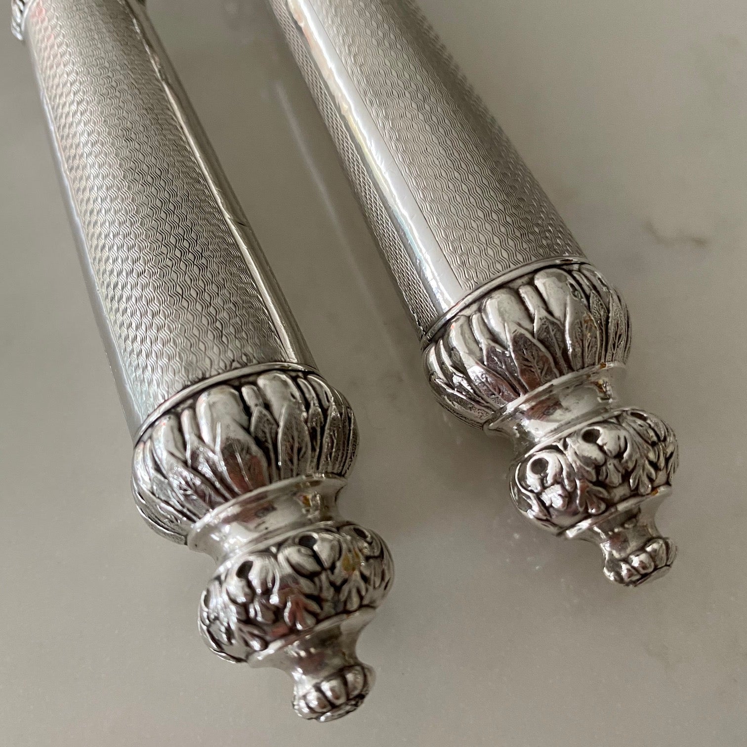 J11 BEAUTIFUL PAIR ANTIQUE FRENCH SILVER & IVORINE SERVERS