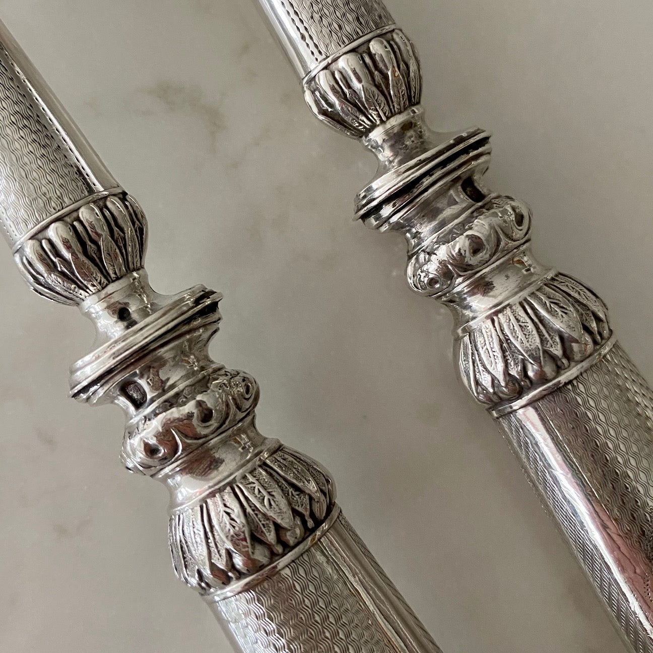 J11 BEAUTIFUL PAIR ANTIQUE FRENCH SILVER & IVORINE SERVERS