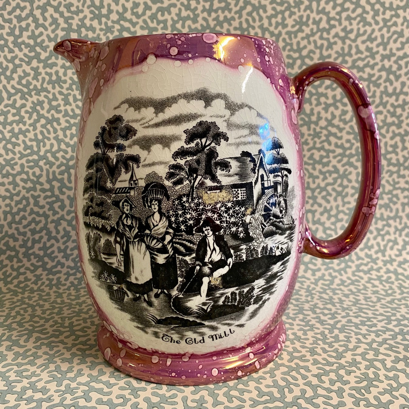 T72 ANTIQUE LARGE PINK LUSTRE OLD MILL JUG