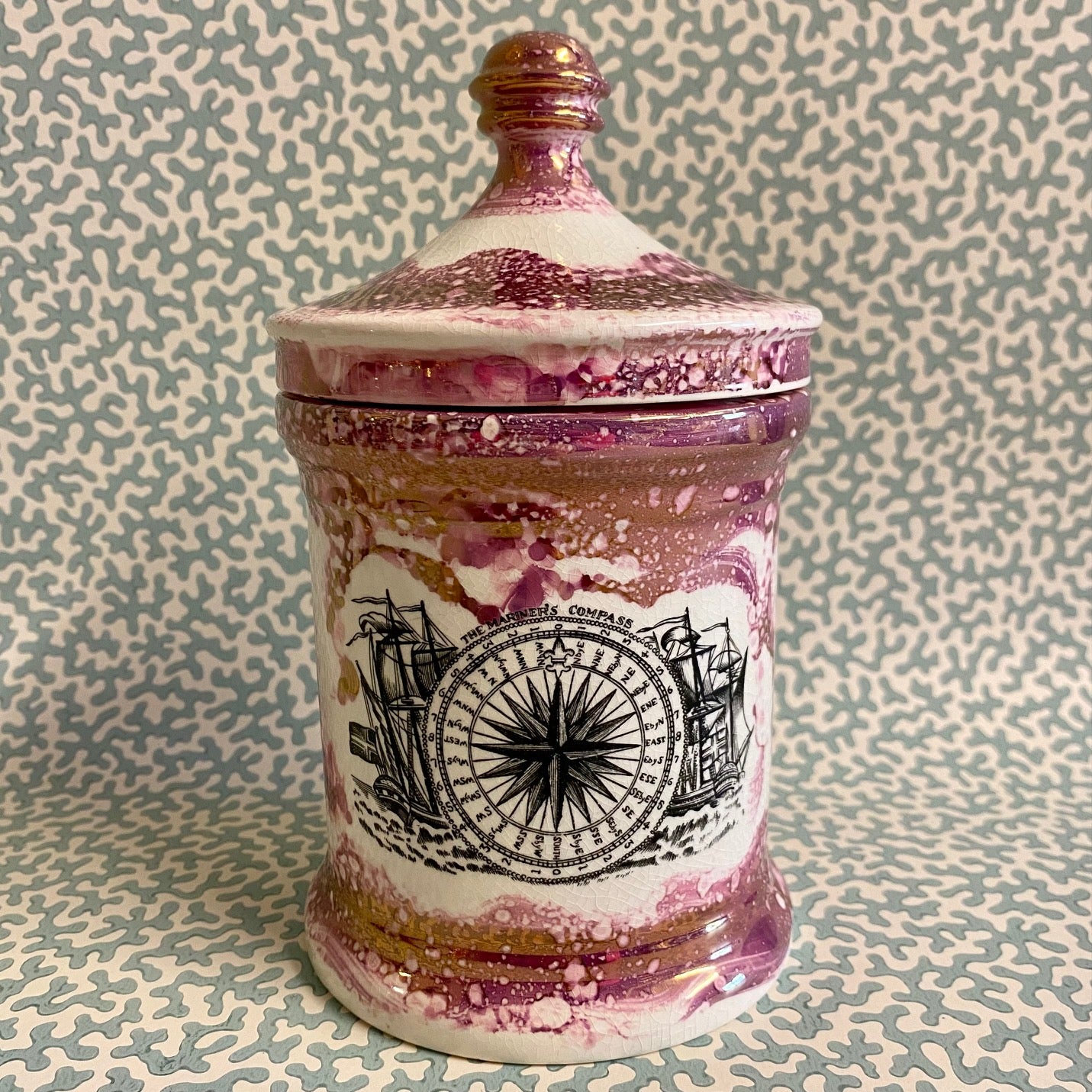 Y84 VINTAGE SANDLAND PINK LUSTRE ‘MARINERS COMPASS’ JAR