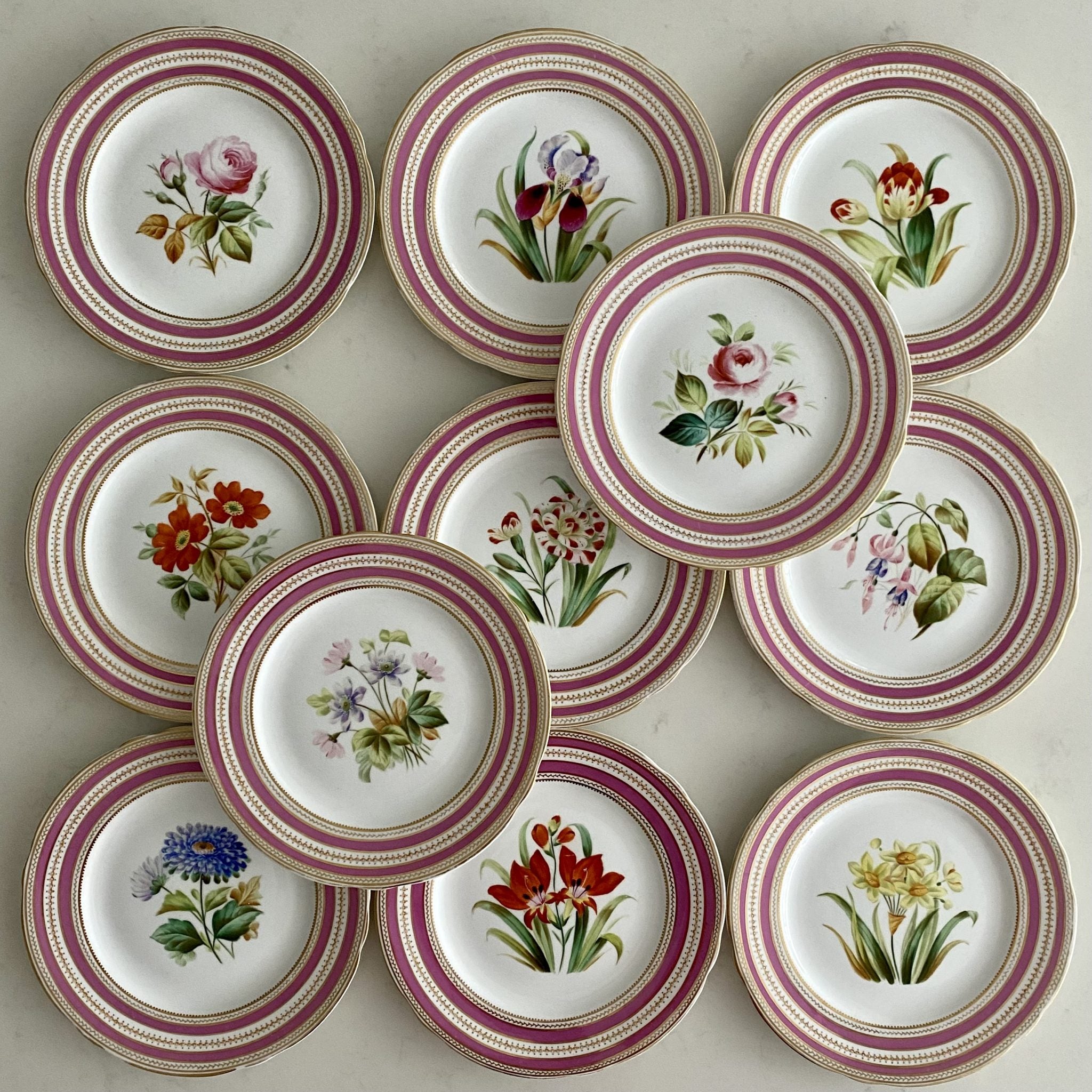 K96 SET 11 ANTIQUE PINK & GILT RIMMED HAND PAINTED FLOWER PLATES