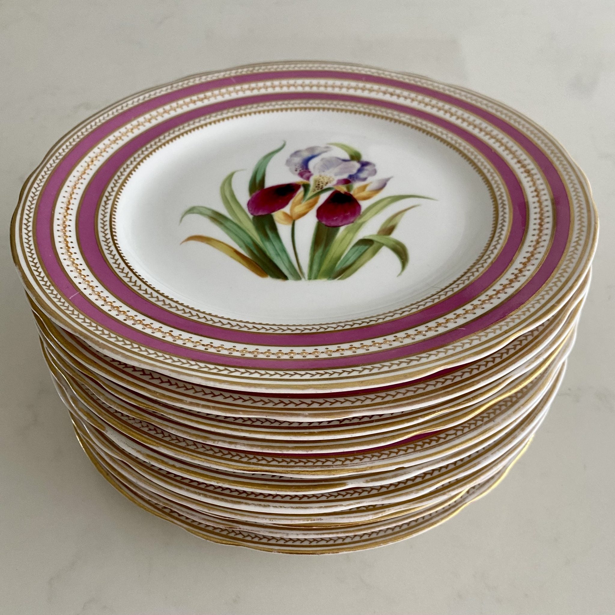 K96 SET 11 ANTIQUE PINK & GILT RIMMED HAND PAINTED FLOWER PLATES