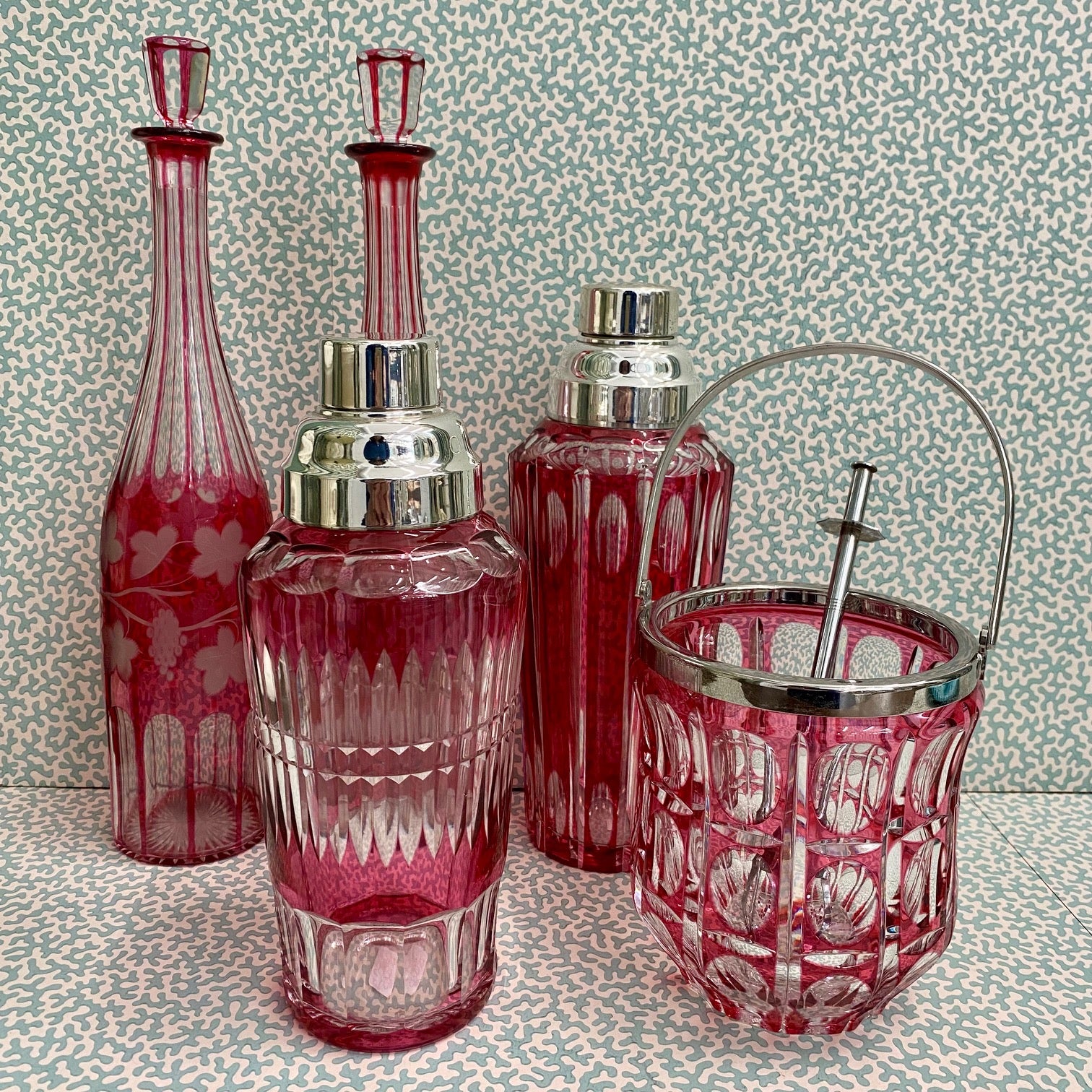 Pair Cranberry Glass Decanters Z95