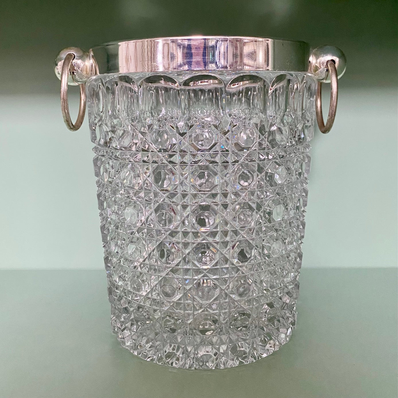 1950's Val St Lambert Crystal Ice Bucket with Silver Plated Rim and Handles A108