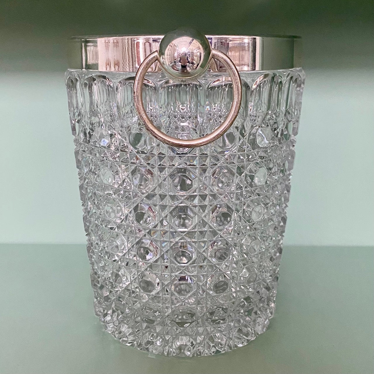 1950's Val St Lambert Crystal Ice Bucket with Silver Plated Rim and Handles A108