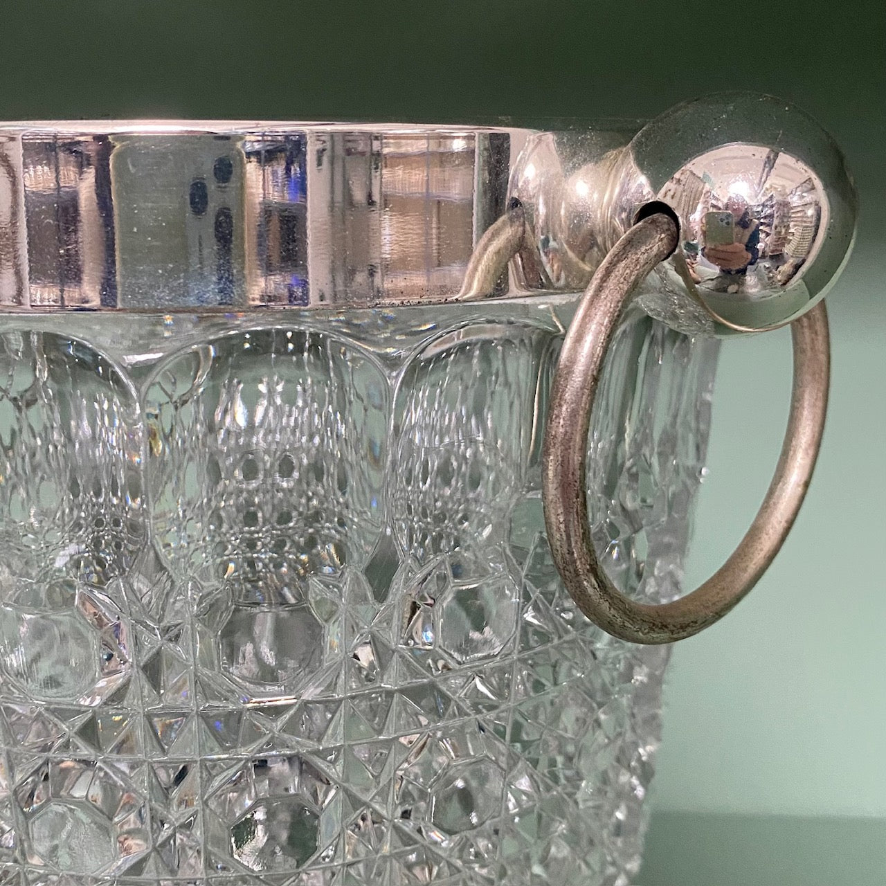 1950's Val St Lambert Crystal Ice Bucket with Silver Plated Rim and Handles A108