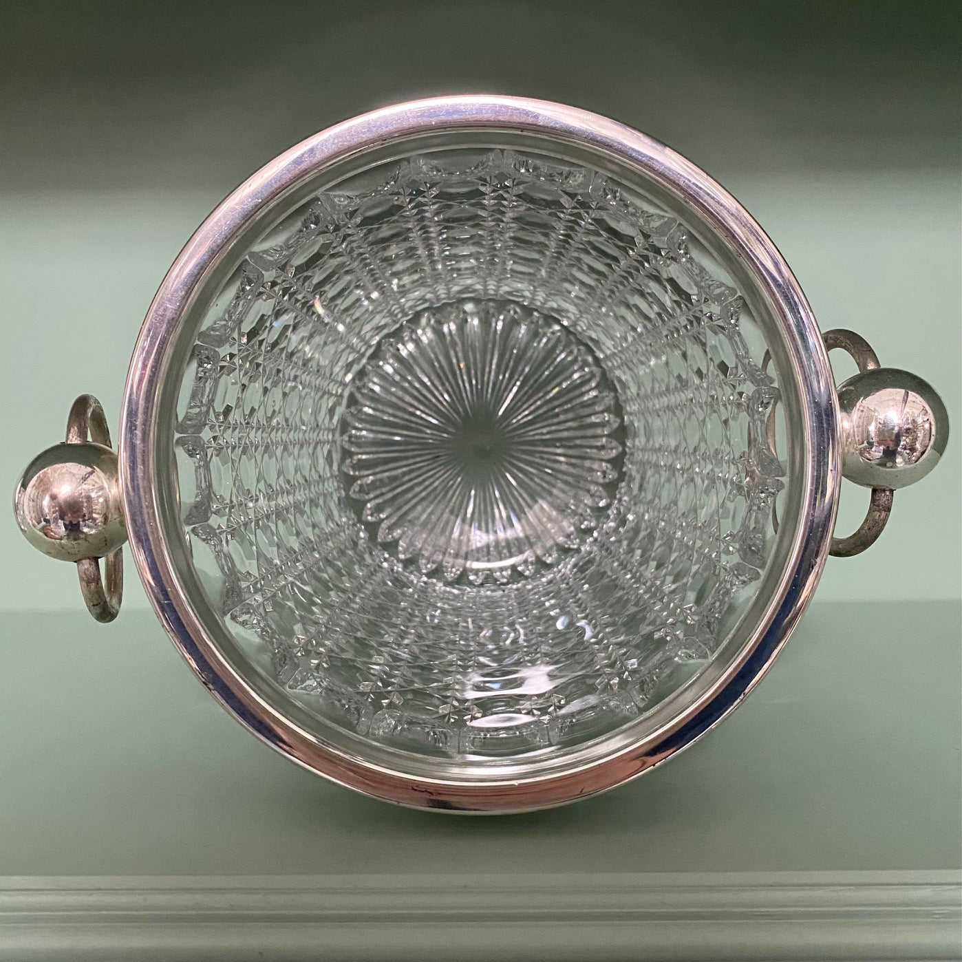 1950's Val St Lambert Crystal Ice Bucket with Silver Plated Rim and Handles A108
