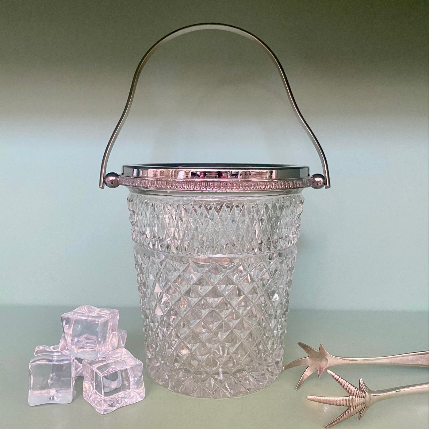 1950's Val St Lambert Small Crystal Ice Bucket with Chrome Rim and Handle B157