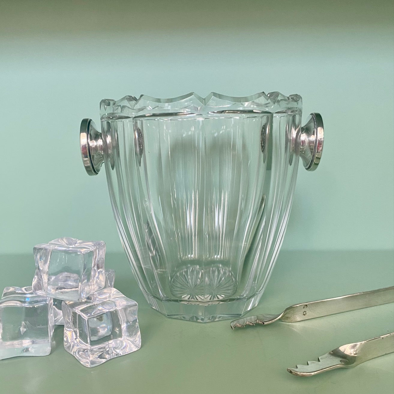 French Crystal Ice Bucket with Silver Handles and Matching Silver Tongs I22