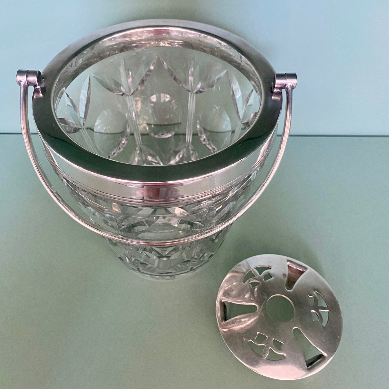 1950's English Cut Glass Ice Bucket with Silver Plate Rim and Handle Z87