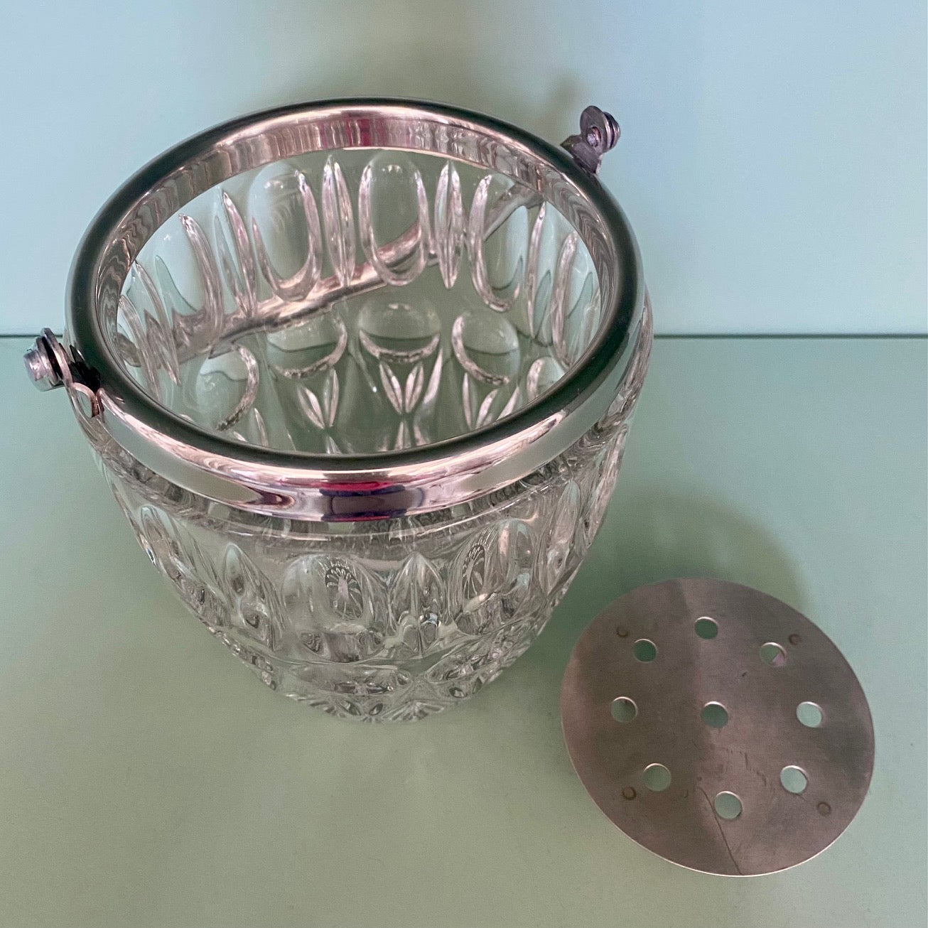 German Crystal Ice Bucket with Silver Plated Rim and Handle Y59
