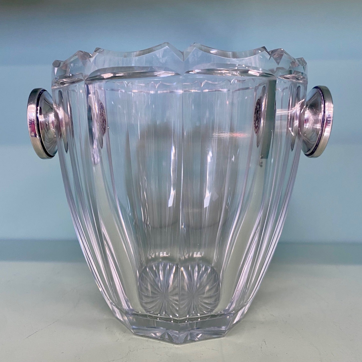 French Crystal Ice Bucket with Silver Handles and Matching Silver Tongs I22