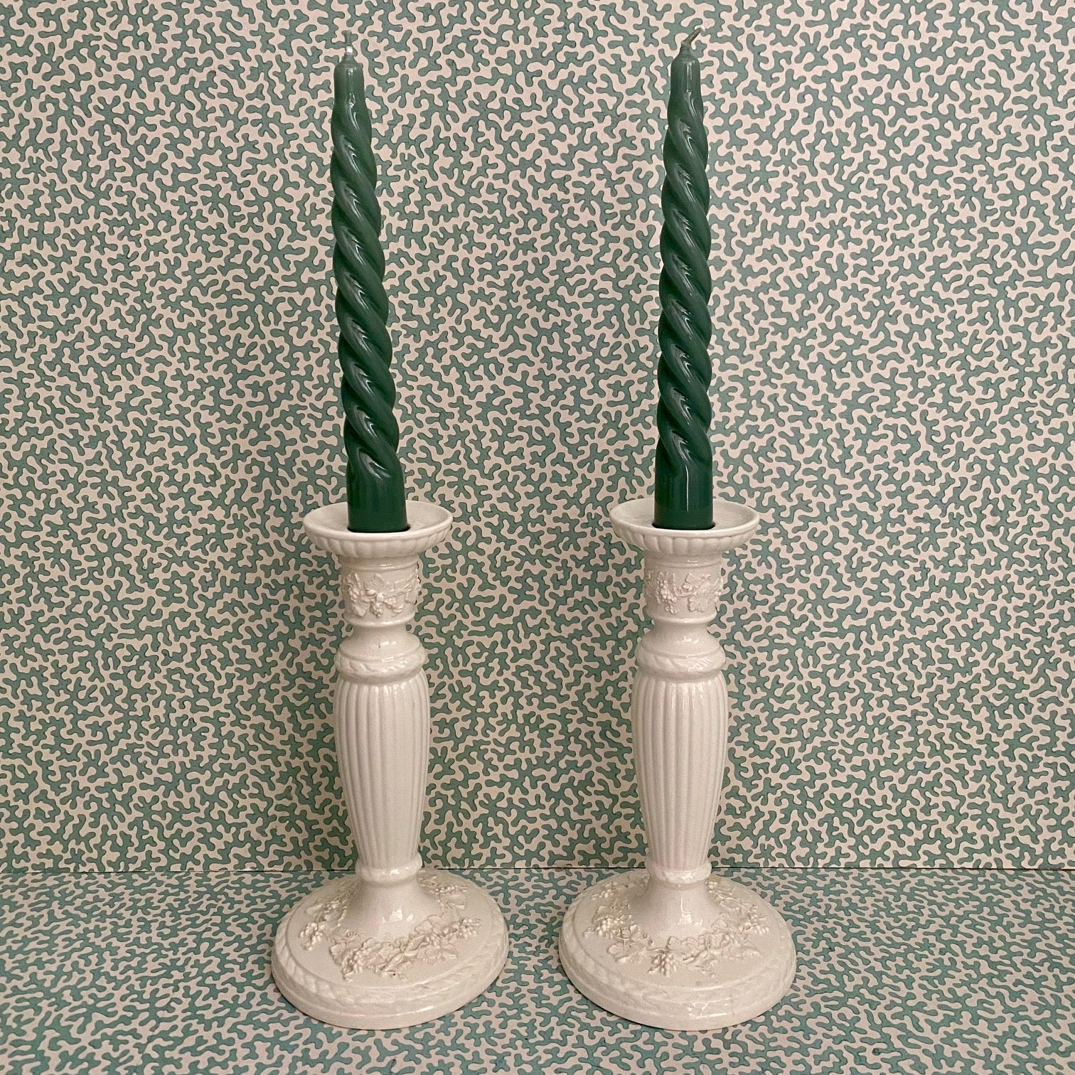 Pair Wedgwood Embossed Queensware Candlesticks C148