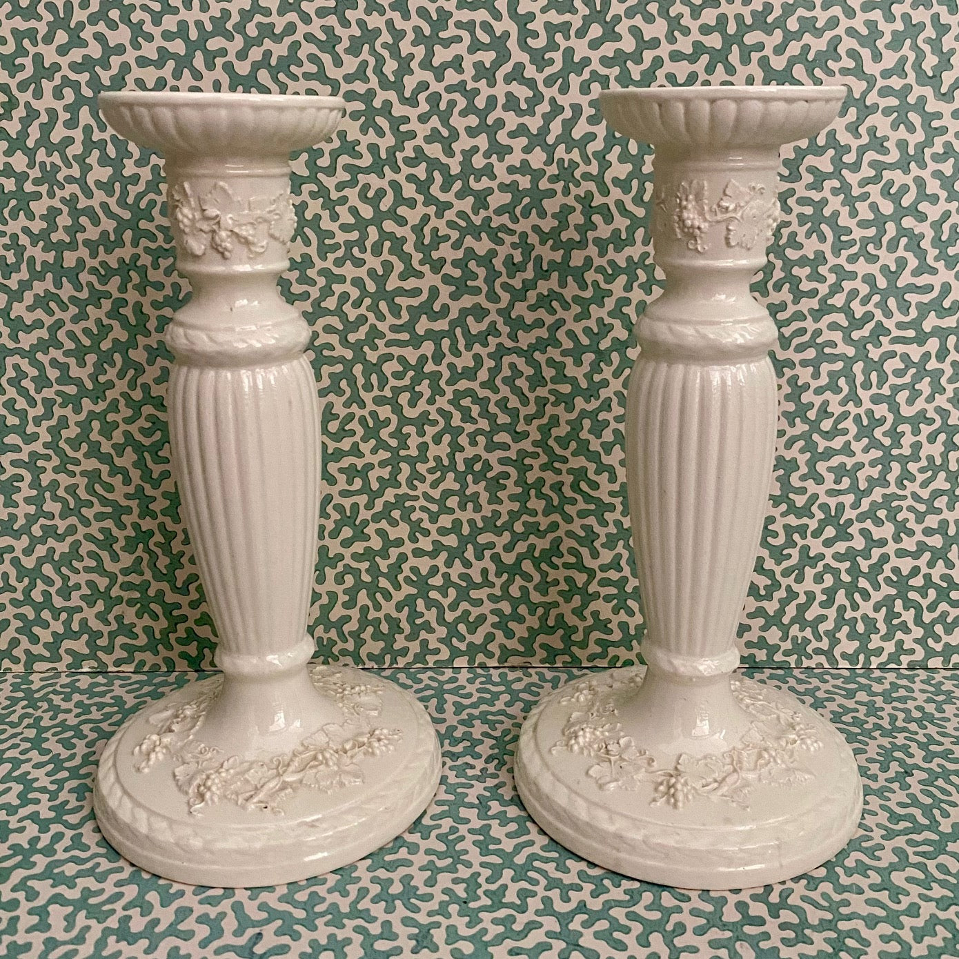 Pair Wedgwood Embossed Queensware Candlesticks C148