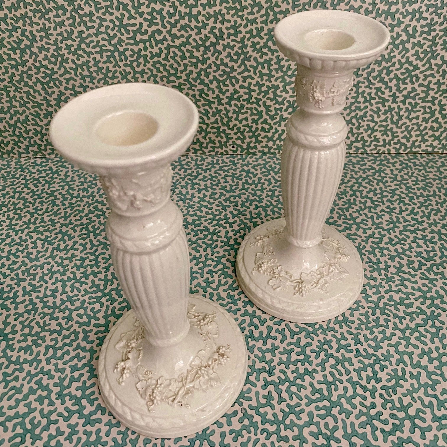 Pair Wedgwood Embossed Queensware Candlesticks C148