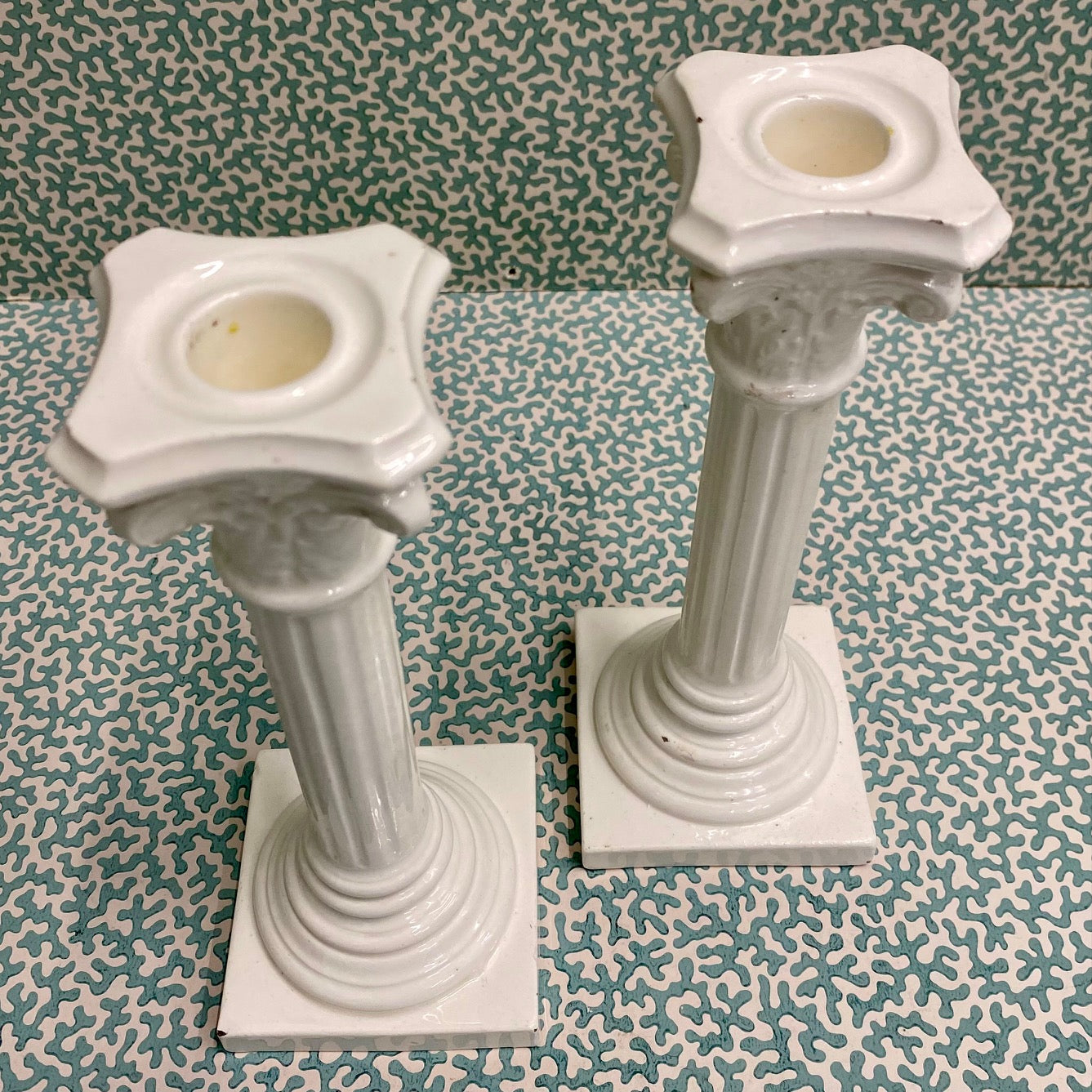 Pair Creamware Corinthian Candlesticks C145