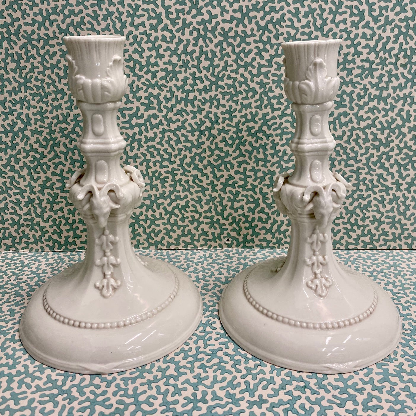 Superb Pair Nymphenburg Ram's Head Candlesticks C147