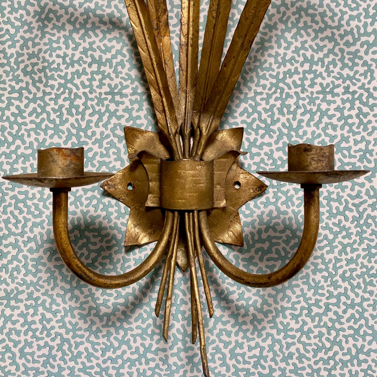 Pair Vintage Italian Gilt Tole Leaf Sconces E193