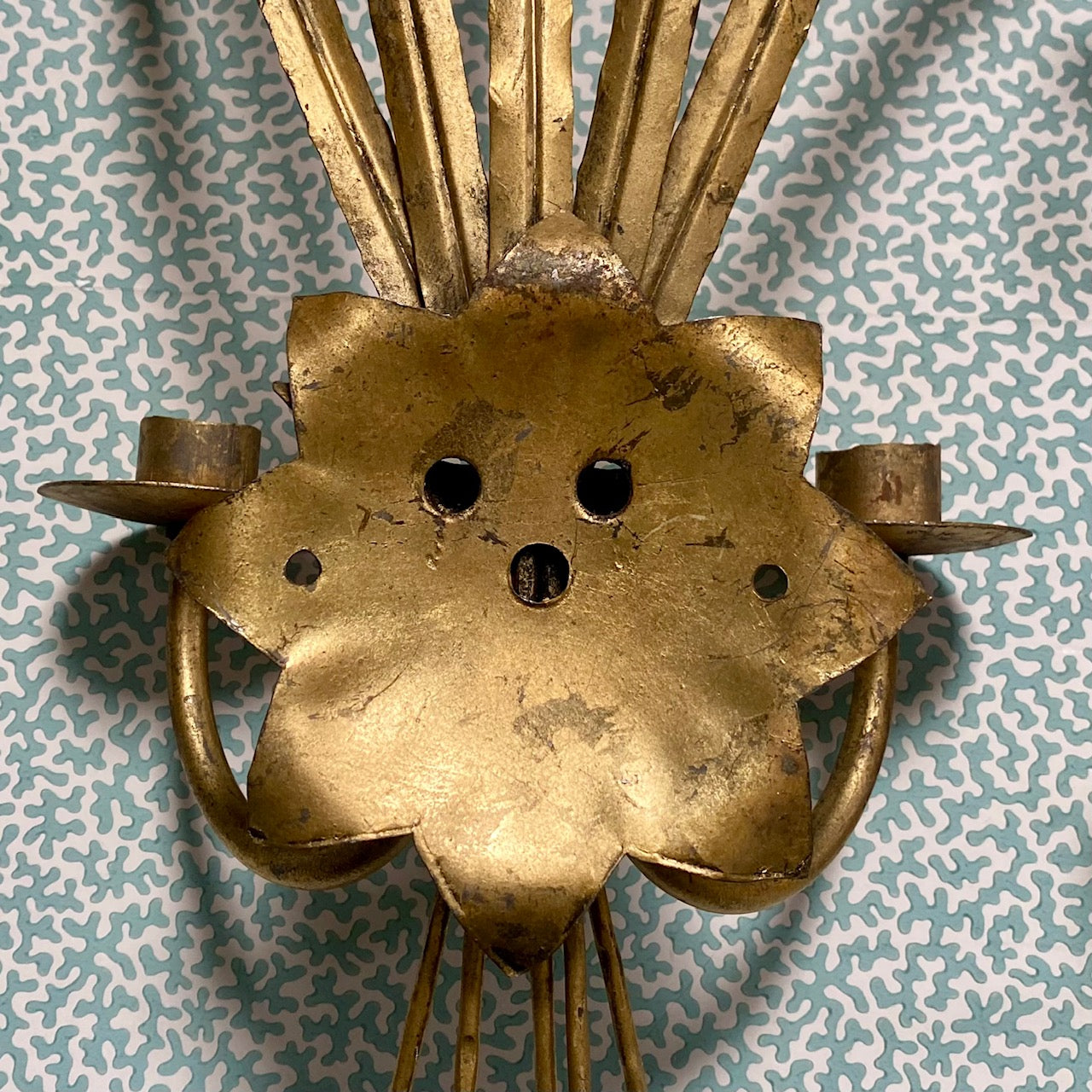 Pair Vintage Italian Gilt Tole Leaf Sconces E193