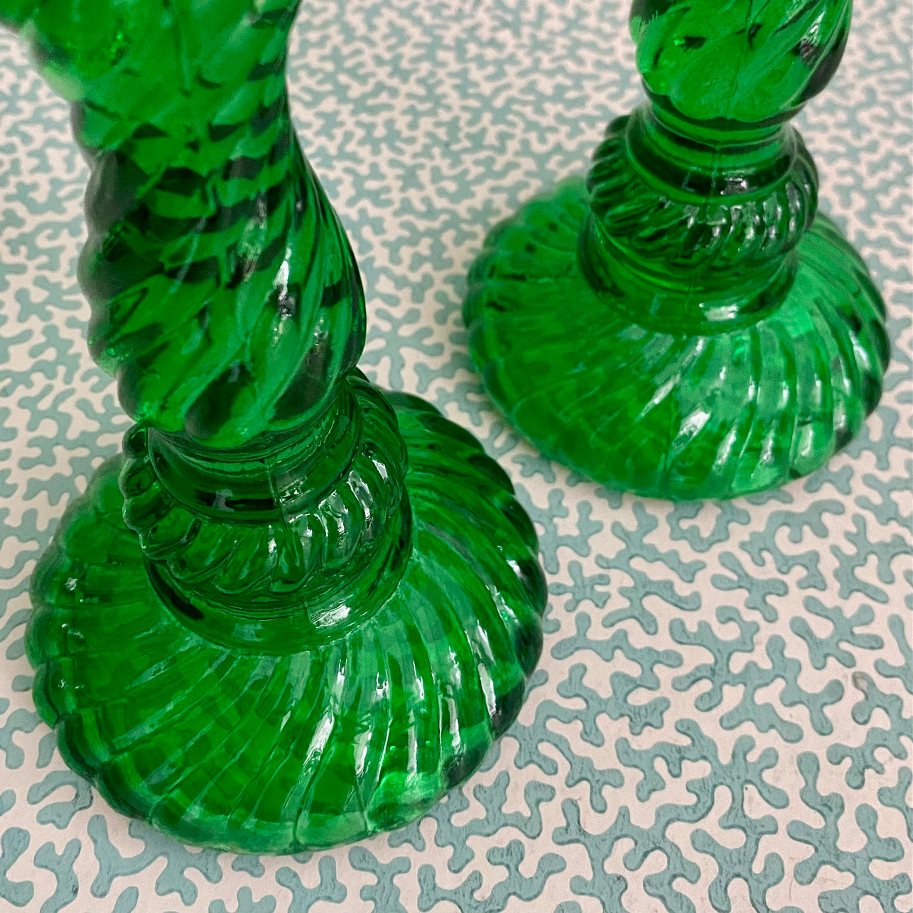 Pair Vintage Green Press Glass Candlesticks G178