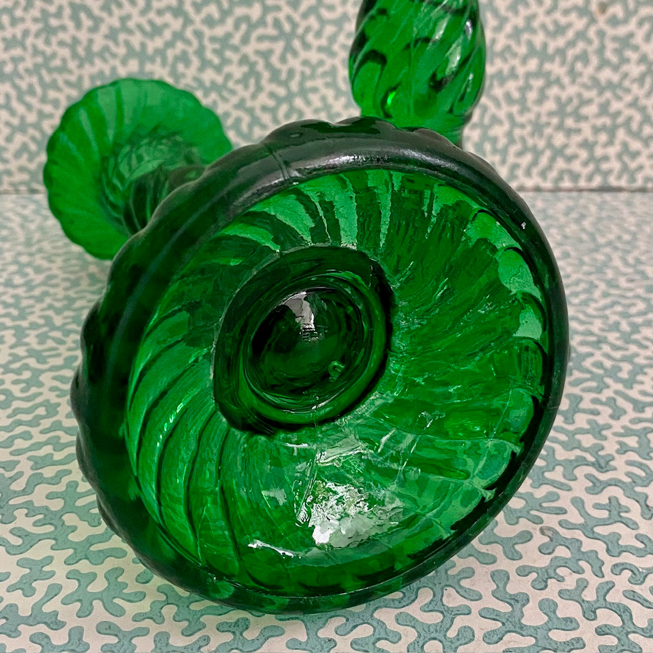 Pair Vintage Green Press Glass Candlesticks G178