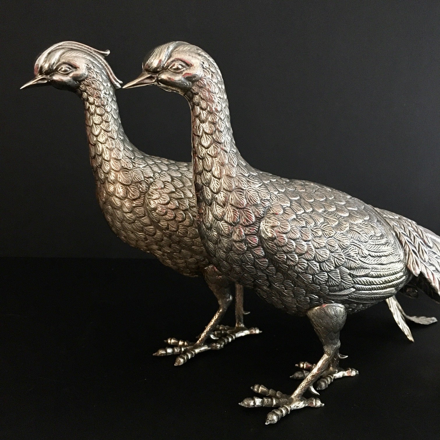 SPECTACULAR PAIR LARGE SPANISH SILVER TABLE PHEASANTS