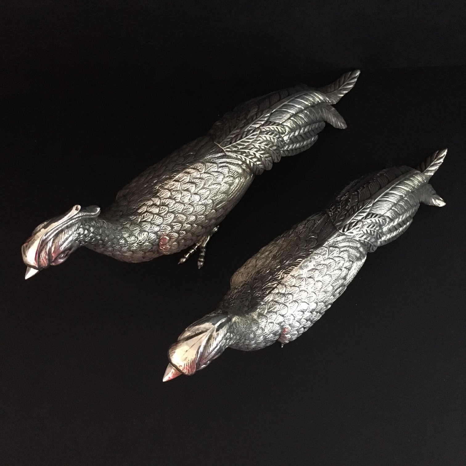 SPECTACULAR PAIR LARGE SPANISH SILVER TABLE PHEASANTS