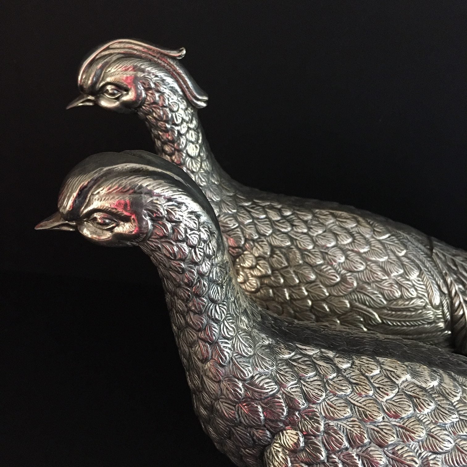 SPECTACULAR PAIR LARGE SPANISH SILVER TABLE PHEASANTS
