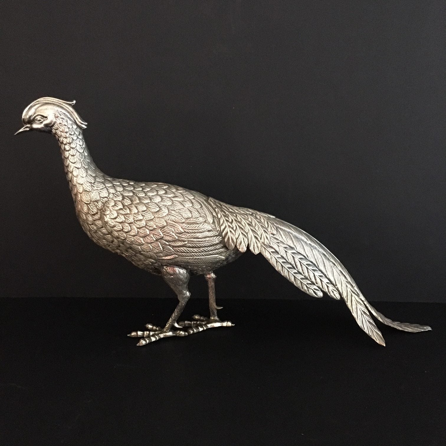 SPECTACULAR PAIR LARGE SPANISH SILVER TABLE PHEASANTS