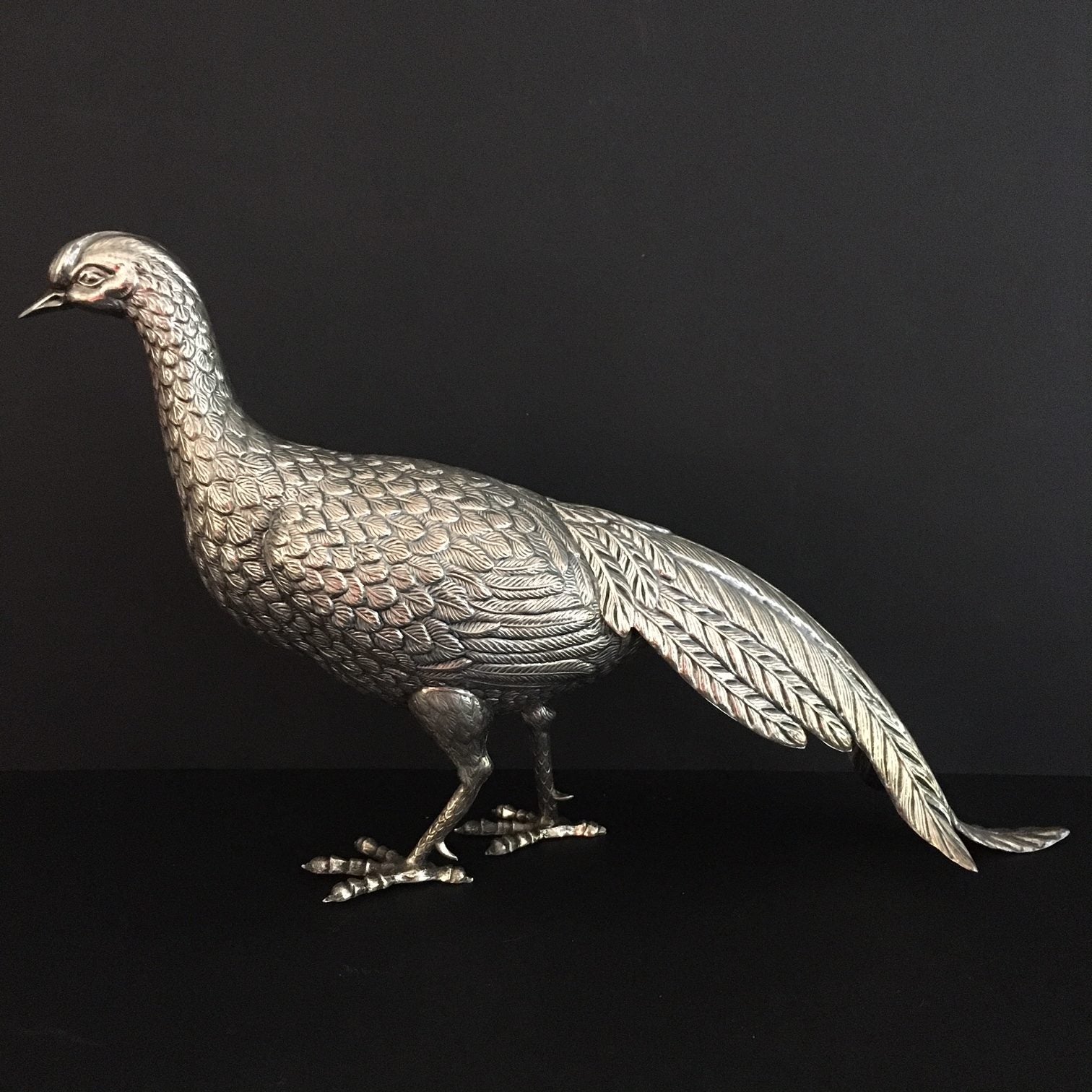 SPECTACULAR PAIR LARGE SPANISH SILVER TABLE PHEASANTS