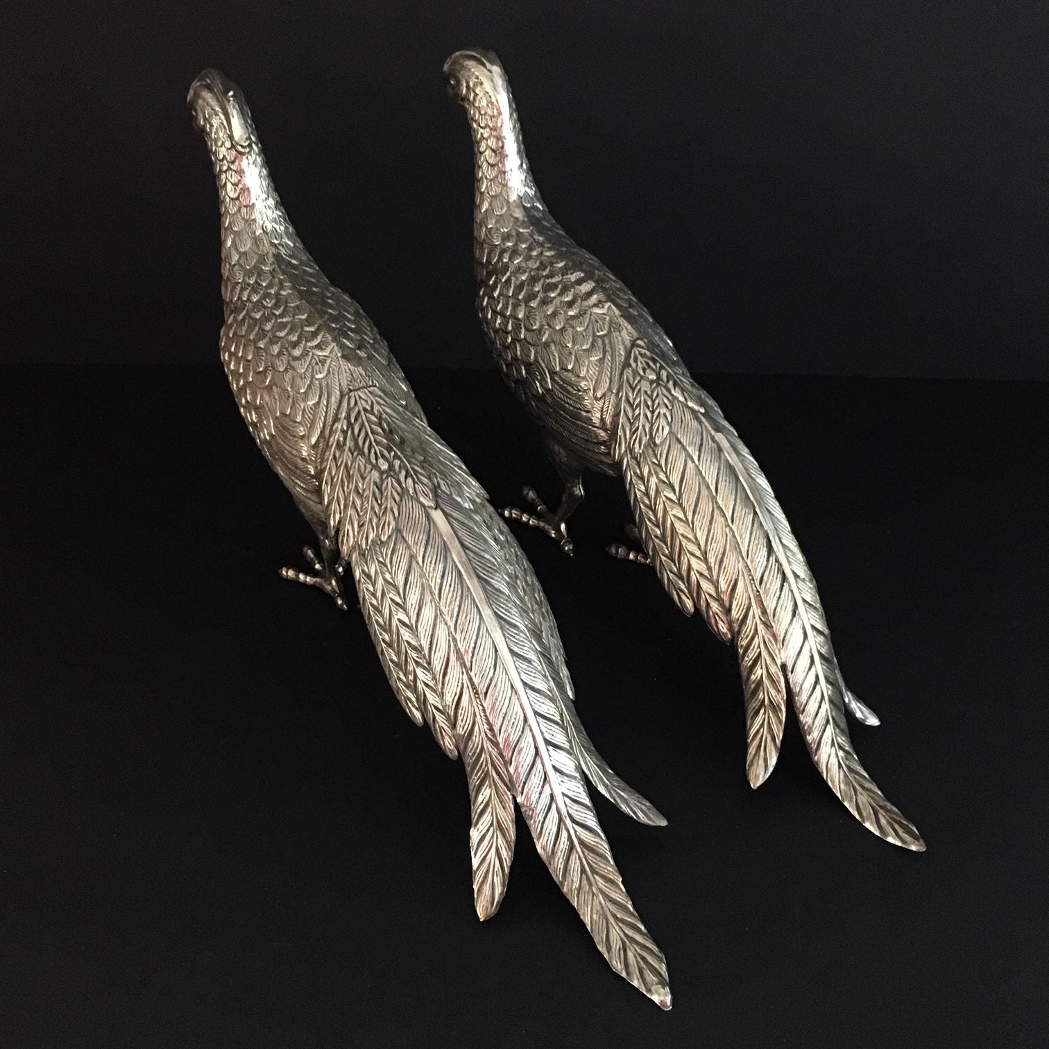 SPECTACULAR PAIR LARGE SPANISH SILVER TABLE PHEASANTS