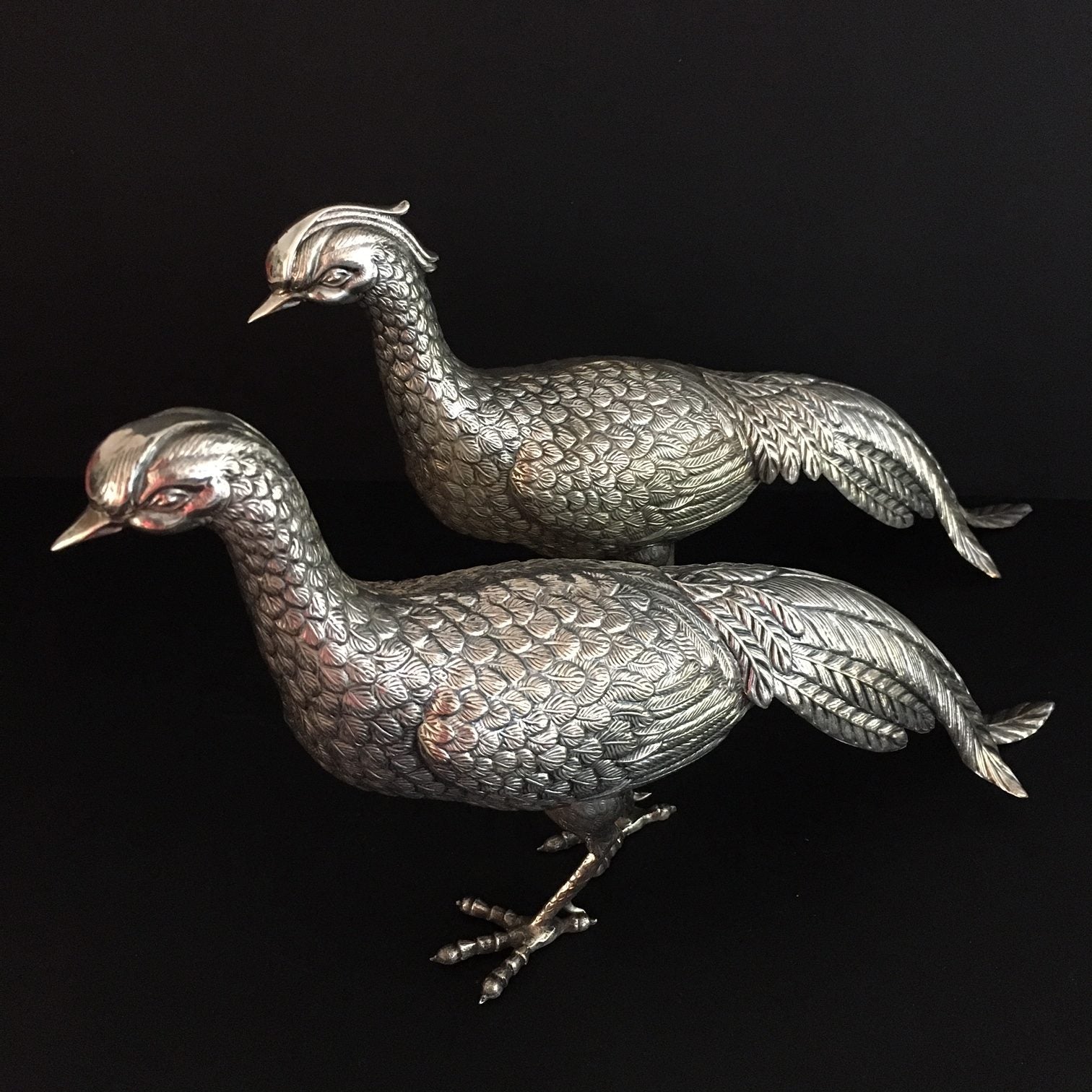 SPECTACULAR PAIR LARGE SPANISH SILVER TABLE PHEASANTS