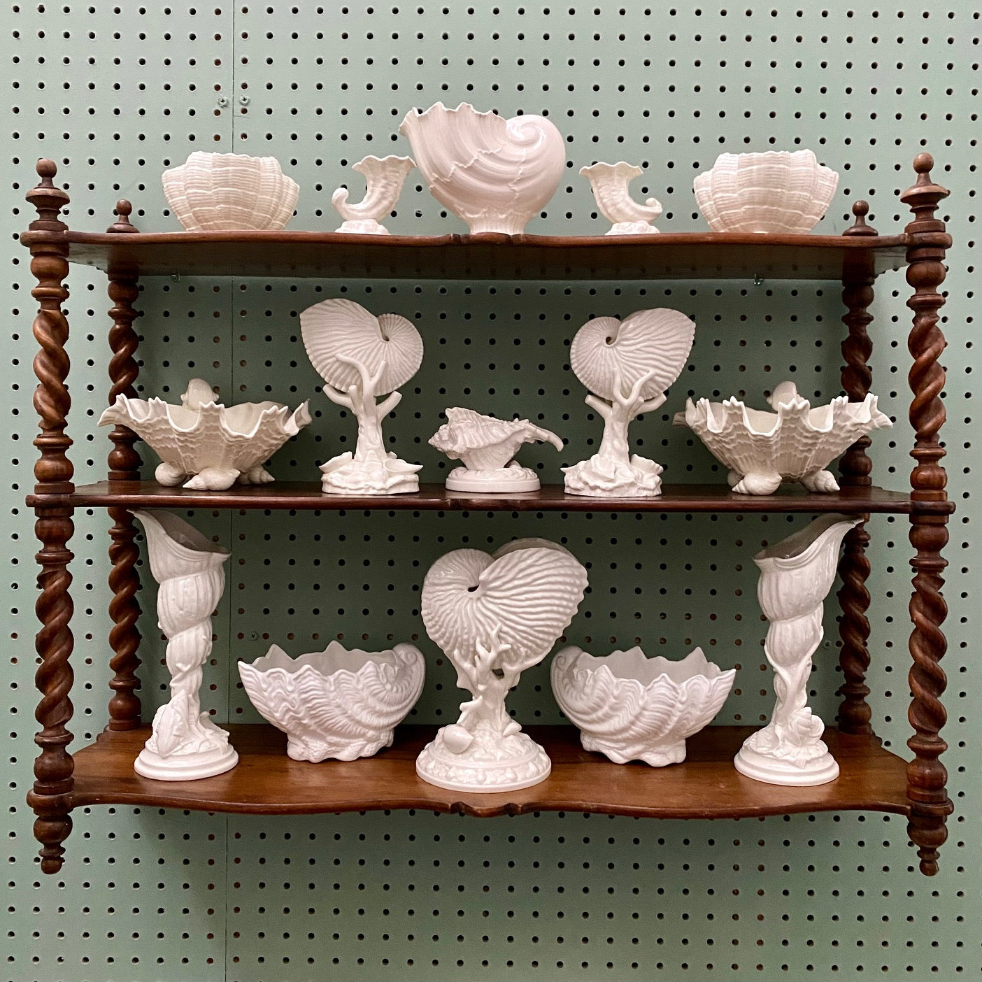 Collection of White Porcelain Shells on French Wooden Hanging Shelves H180