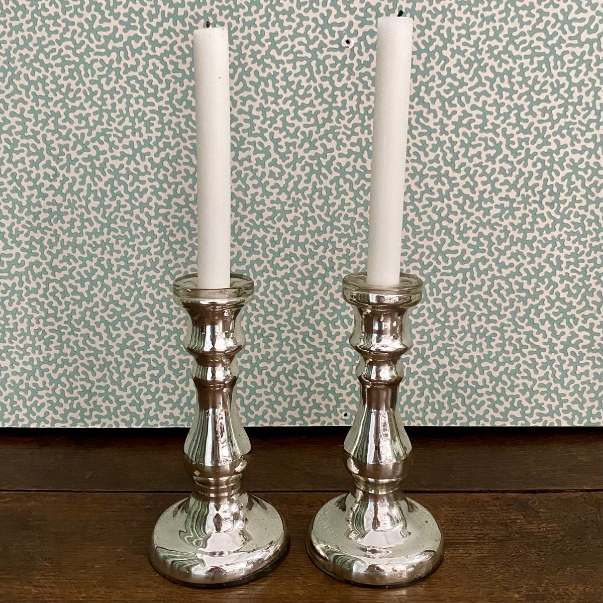 Pair Small Mercury Glass Candlesticks H198
