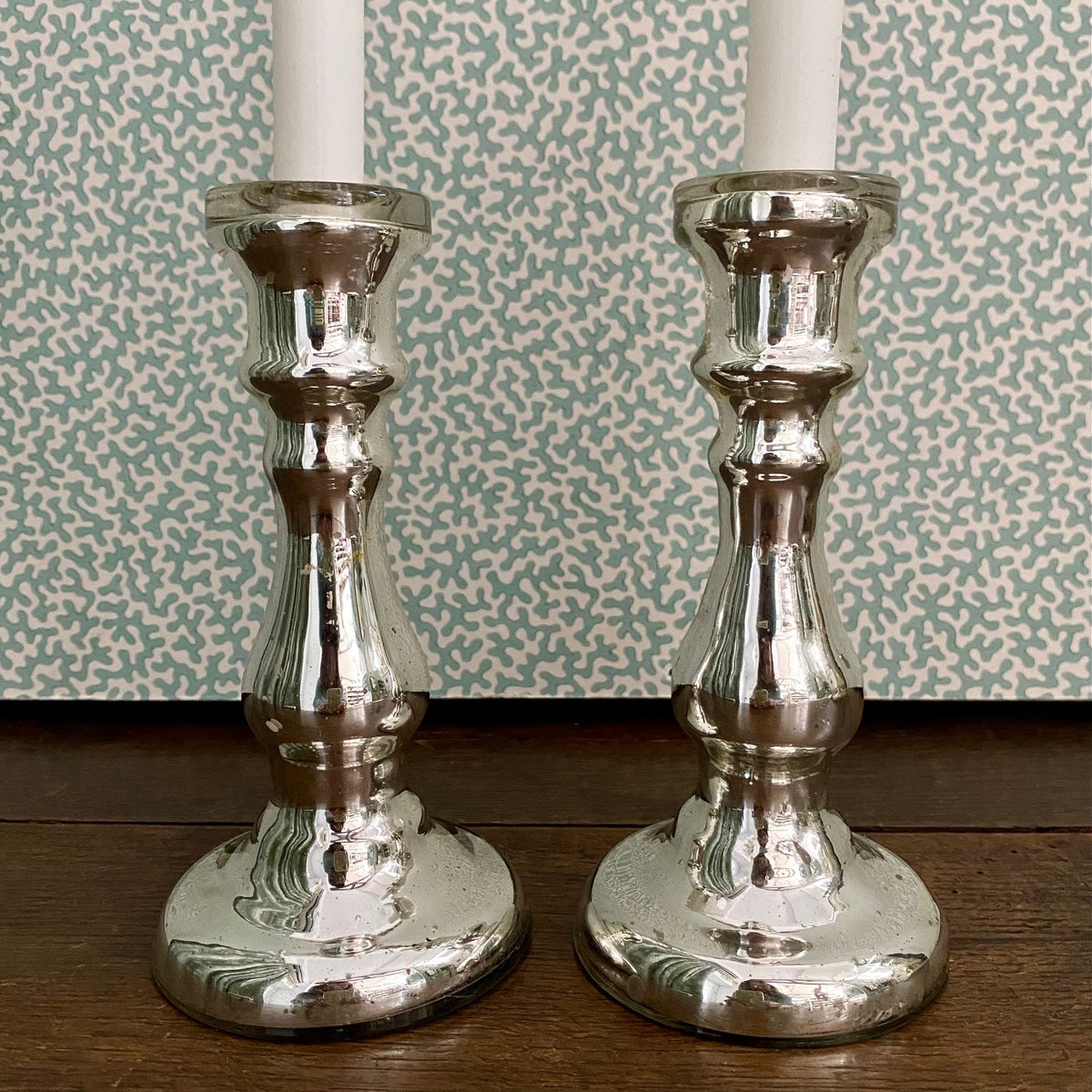Pair Small Mercury Glass Candlesticks H198
