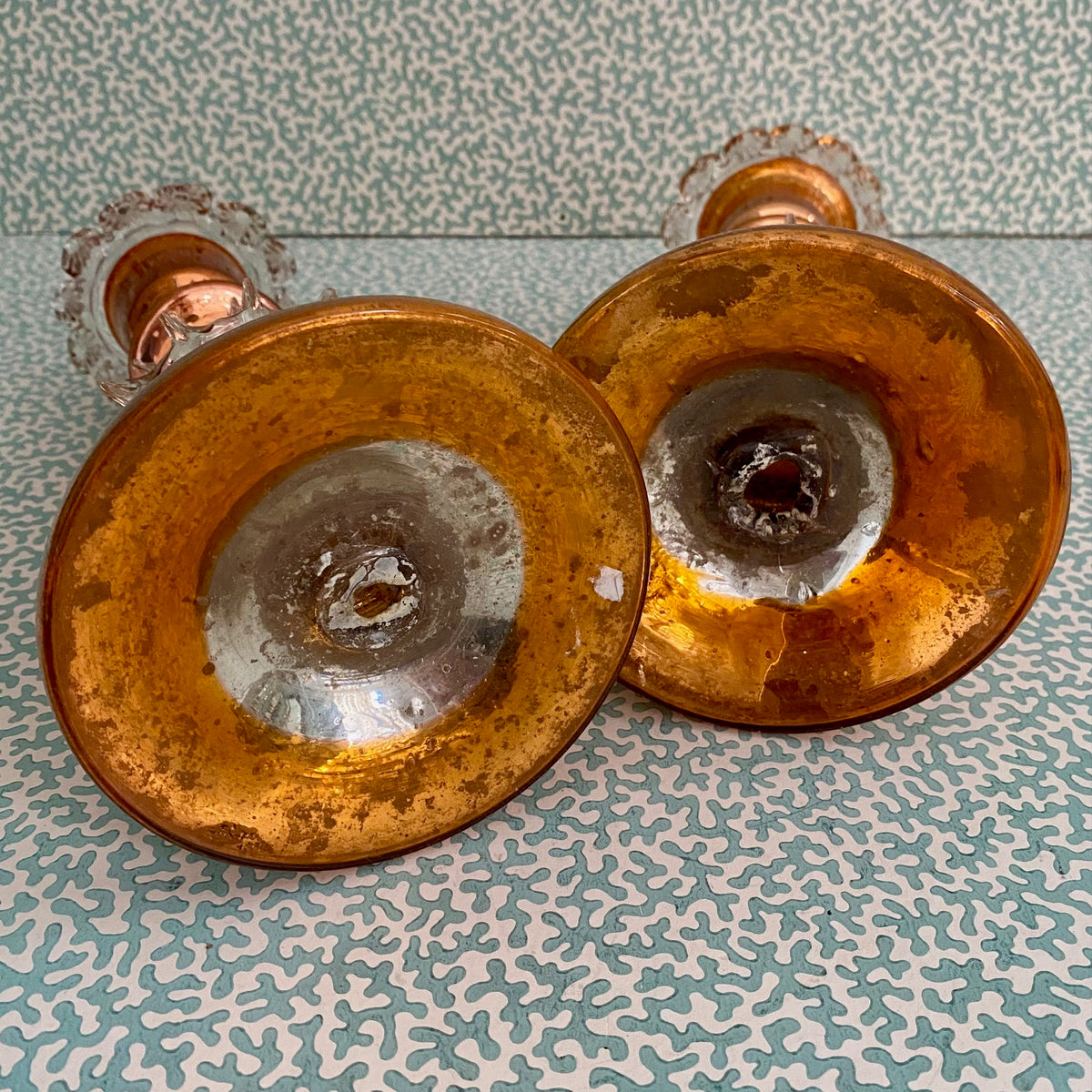 Pair Rare Orange Mercury Glass Candlesticks H190