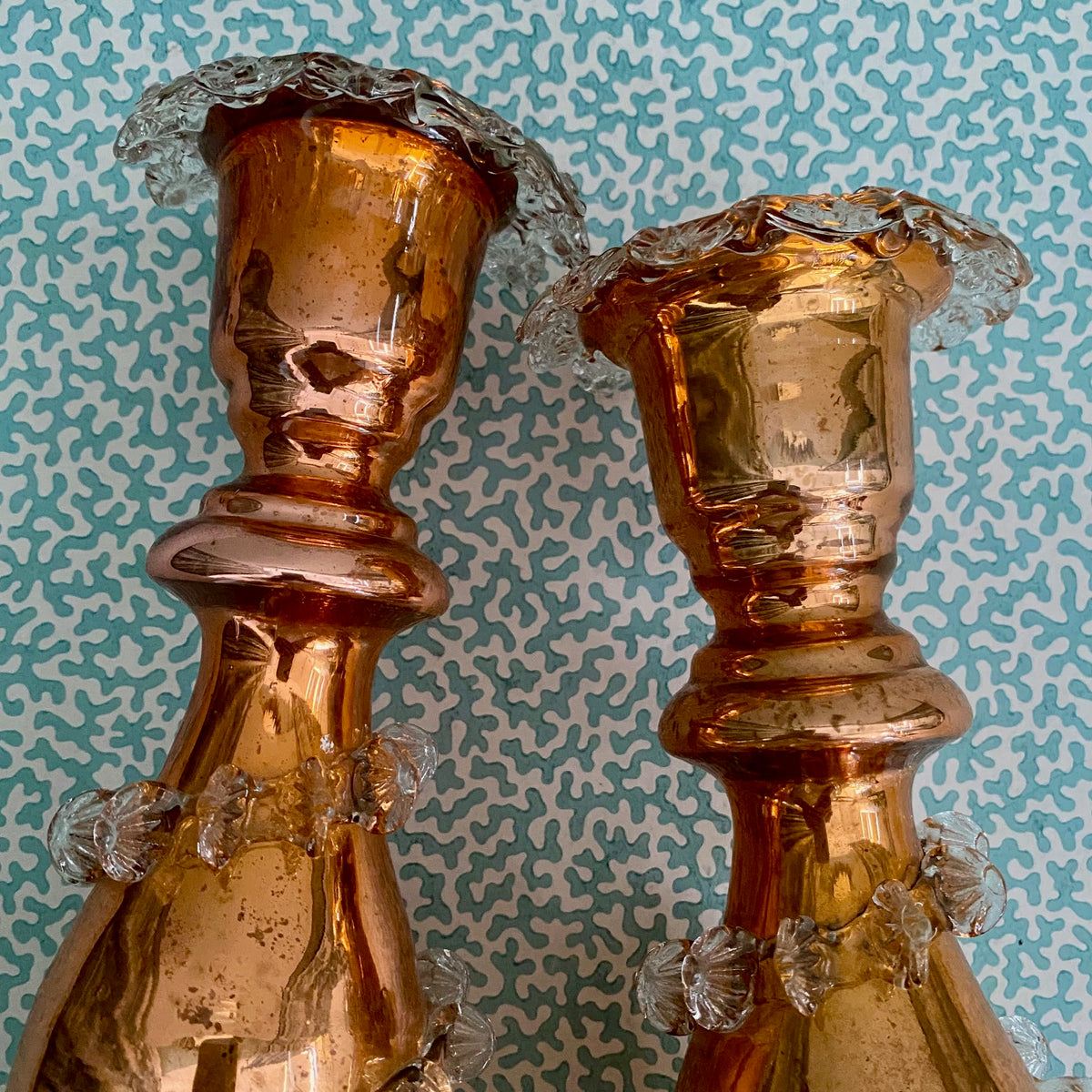 Pair Rare Orange Mercury Glass Candlesticks H190
