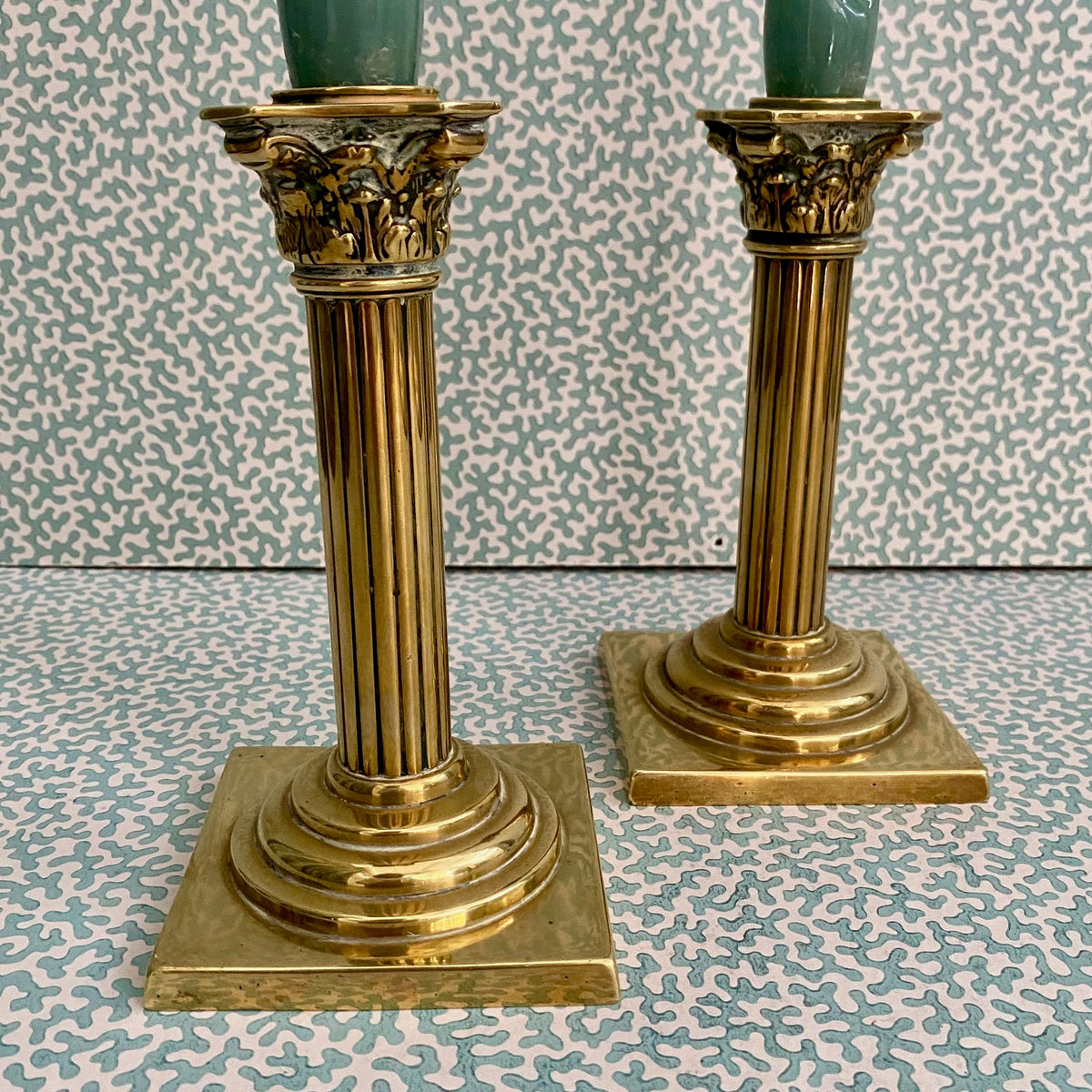 Pair Elegant Brass Column Candlesticks G105