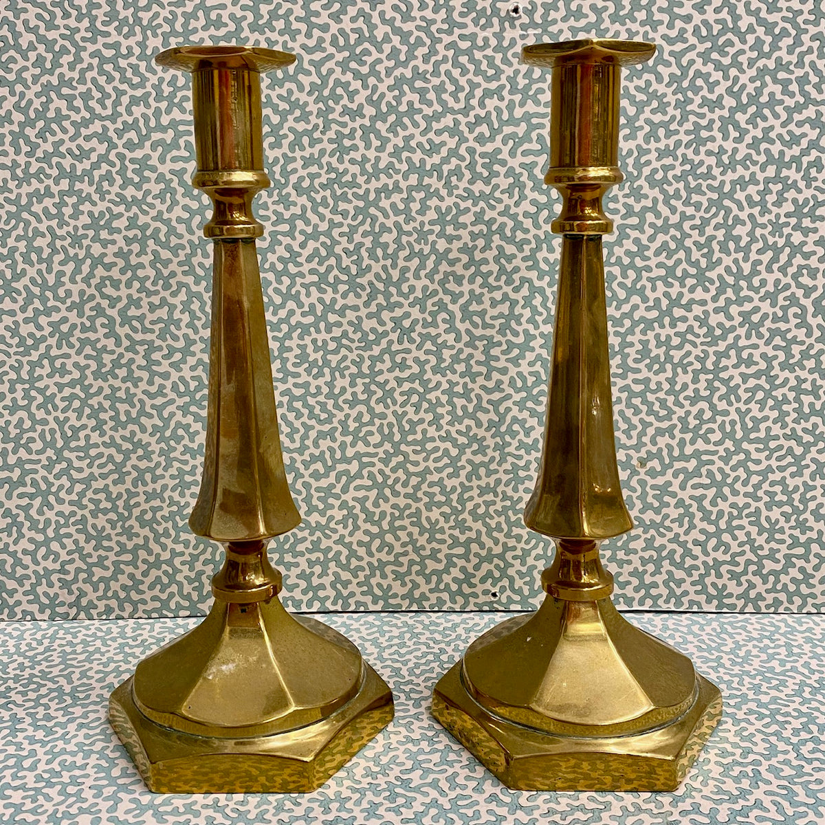 Pair Victorian Brass Candlesticks on Hexagonal Bases F174