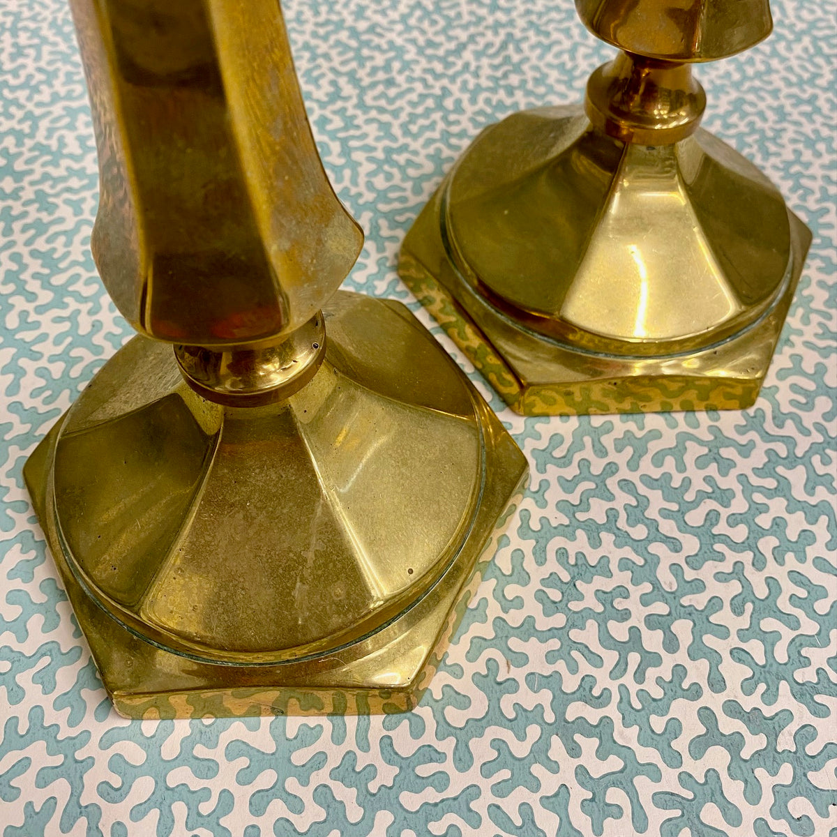 Pair Victorian Brass Candlesticks on Hexagonal Bases F174