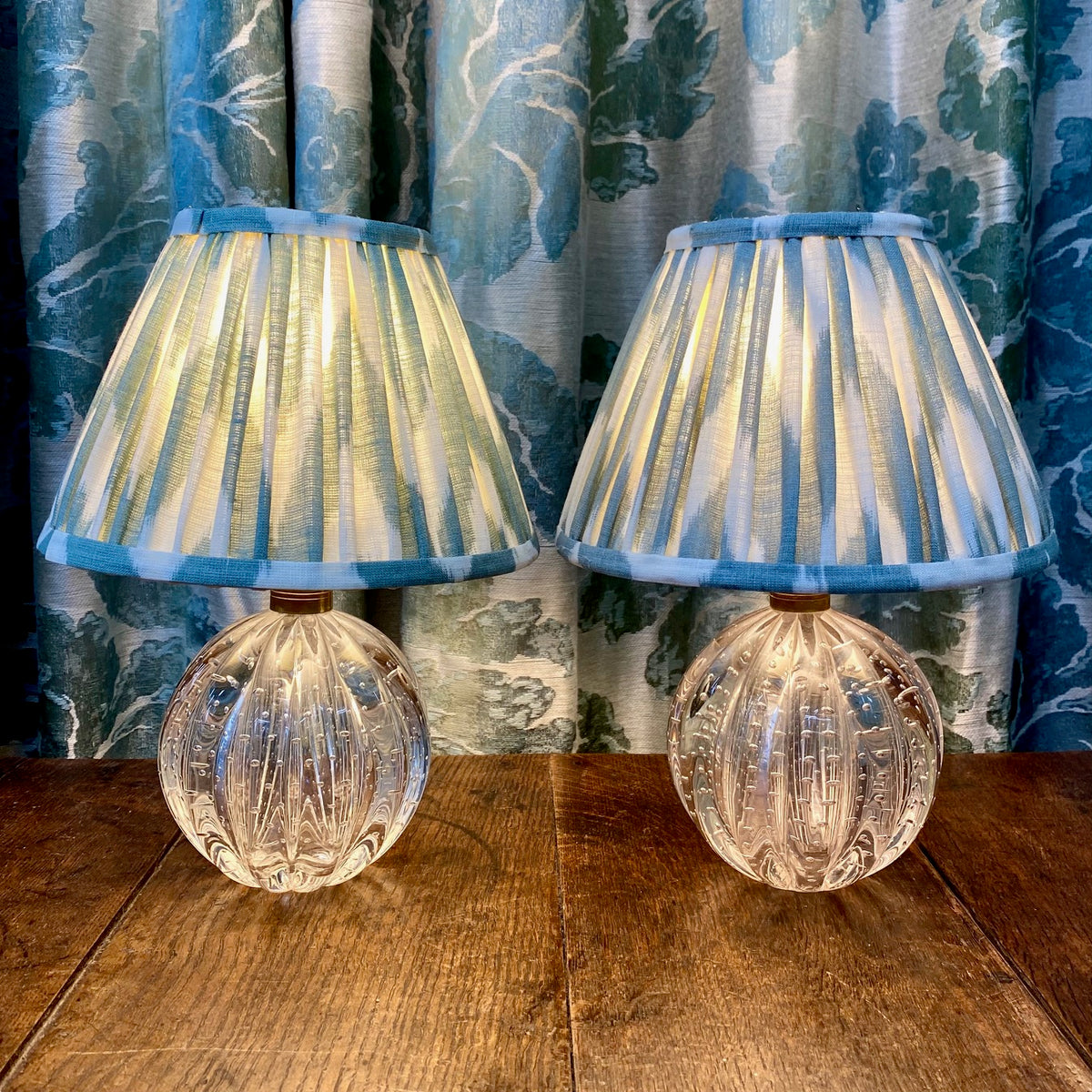 Pair Small Clear Murano Ribbed Pumpkin Lamps D165