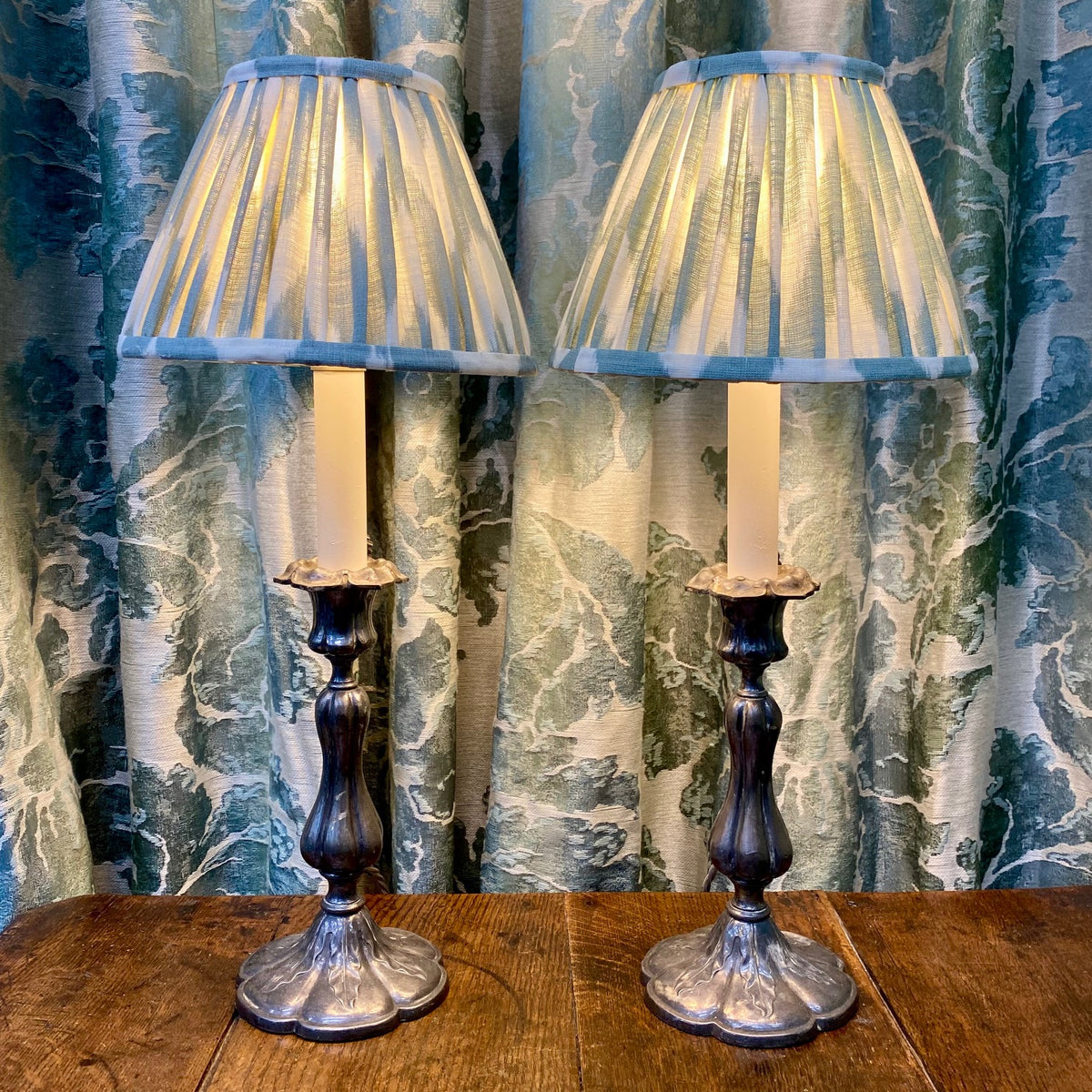 Pair Pewter Candlestick Table Lamps J109
