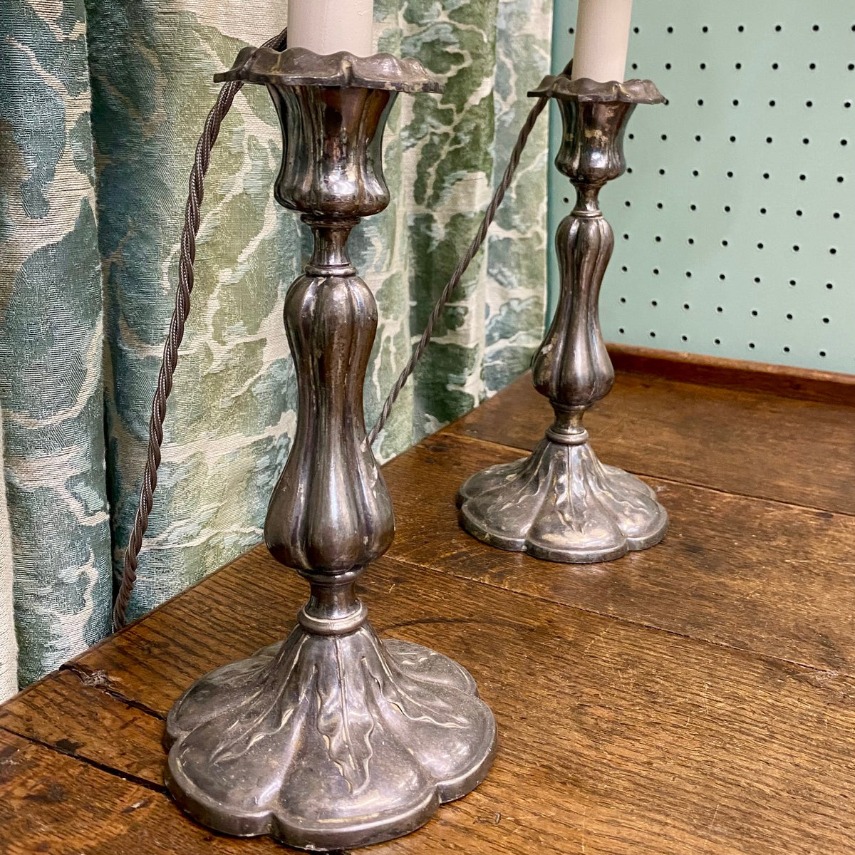 Pair Pewter Candlestick Table Lamps J109