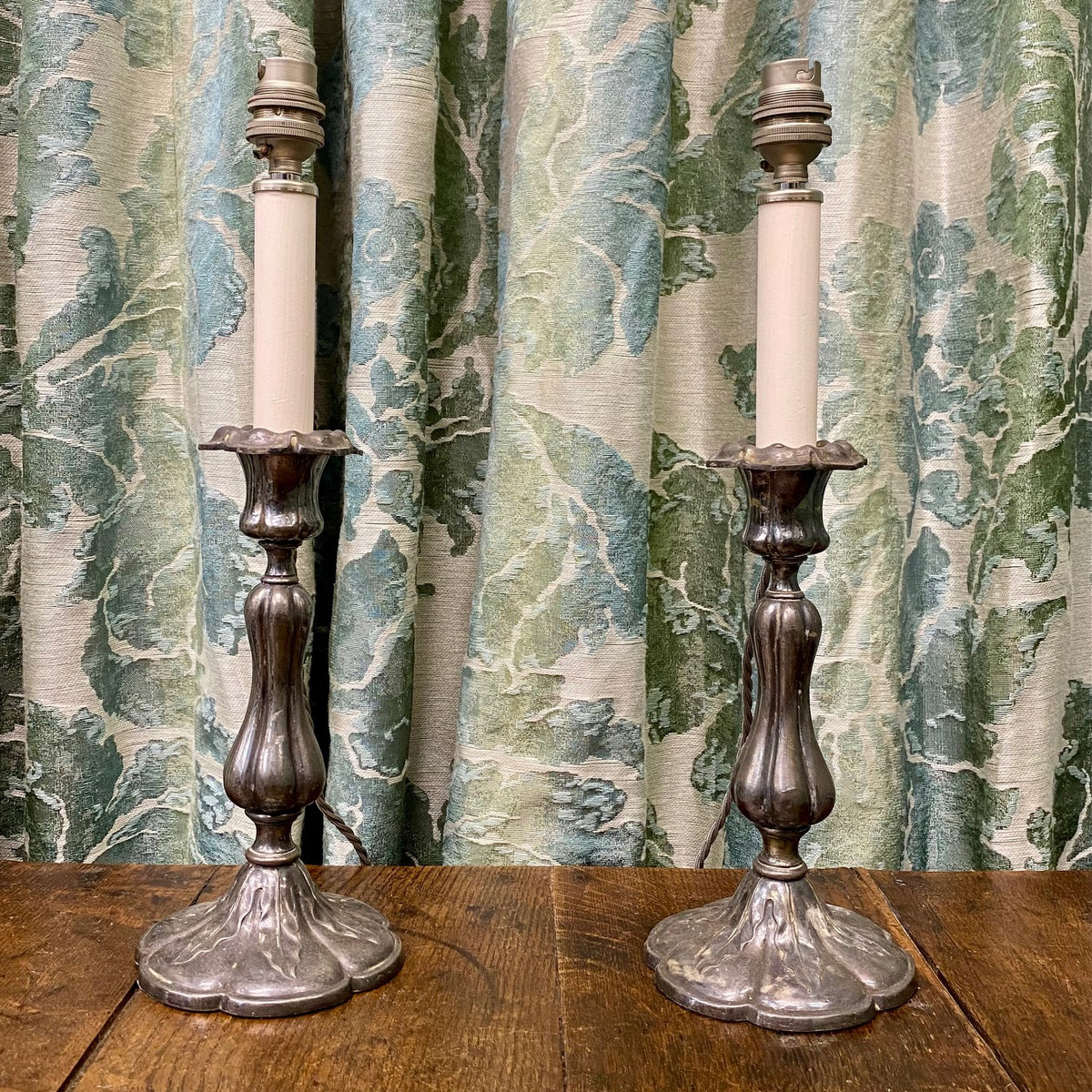 Pair Pewter Candlestick Table Lamps J109