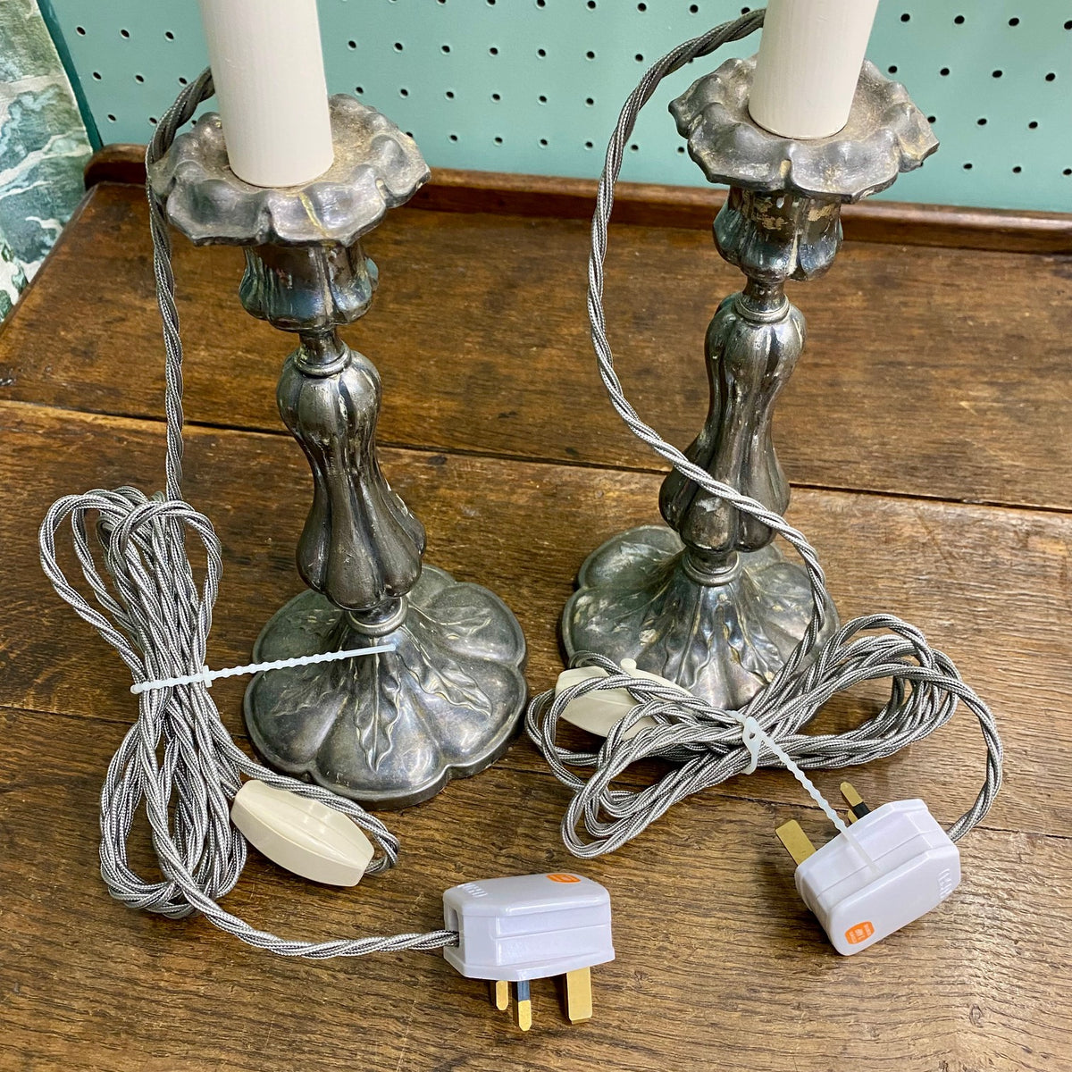 Pair Pewter Candlestick Table Lamps J109