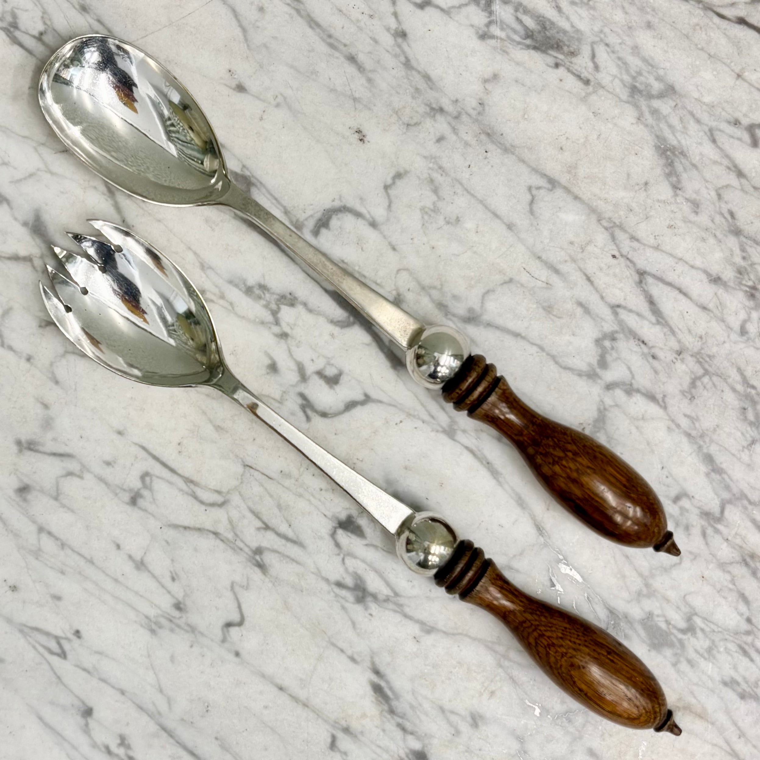 Pair Antique Silver Plated Servers with Turned Wooden Handles W11