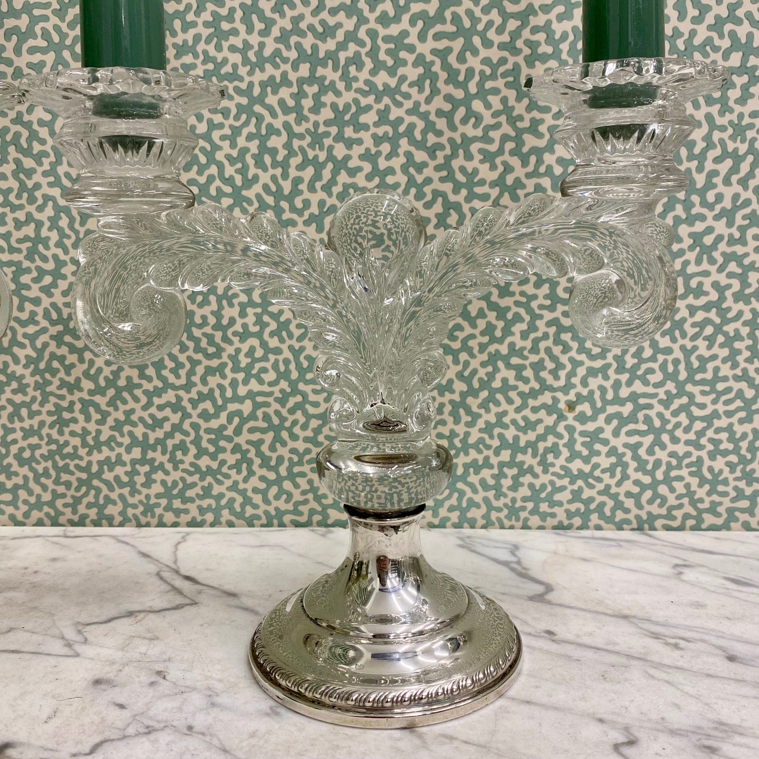 Pair American Double Arm Glass Candlesticks with Silver Bases
